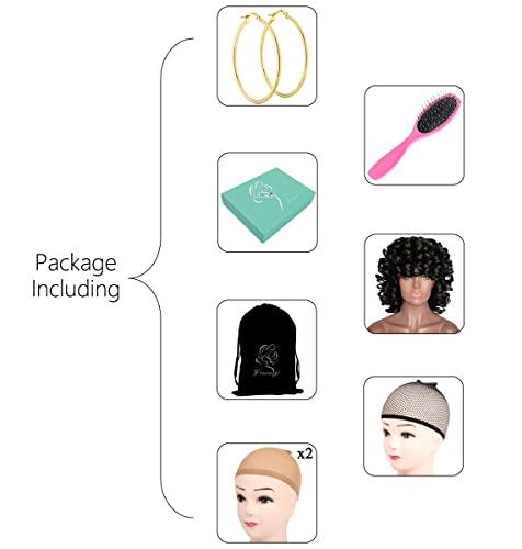 ELIM ELIM Curly Wigs for Black Women Short Kinky Curly Black Wigs for Women Big Curly Afro Soft Wig with Bangs Heat Resistant Natural Cute Synthetic Wig with Accessories Z014