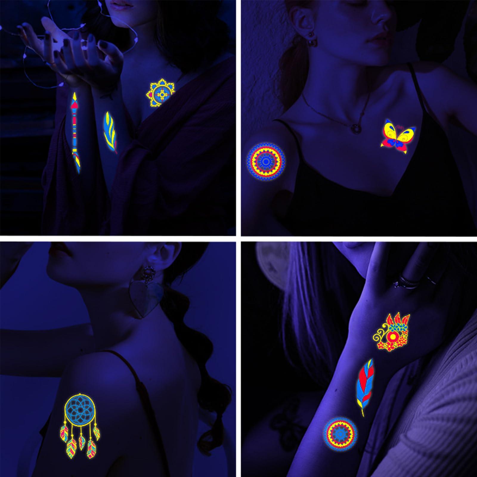 Heliltd Heliltd 20 Sheet Neon Temporary Tattoos Glow in The Dark Temporary Tattoos Fluorescence UV Neon Fake Waterproof Tattoo Stickers for Bar Party Nightclub Music Rave Festival Accessory Party Stickers