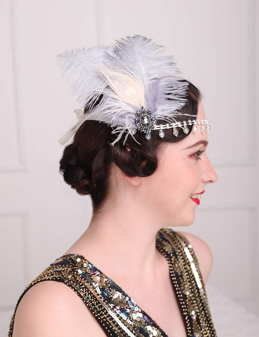 Aimimier Aimimier 1920s Flapper Feather Headband Gray Crystal Tassel Head Chain Headpiece Prom Party Roaring 20s Hair Accessory for Women (Style 1)