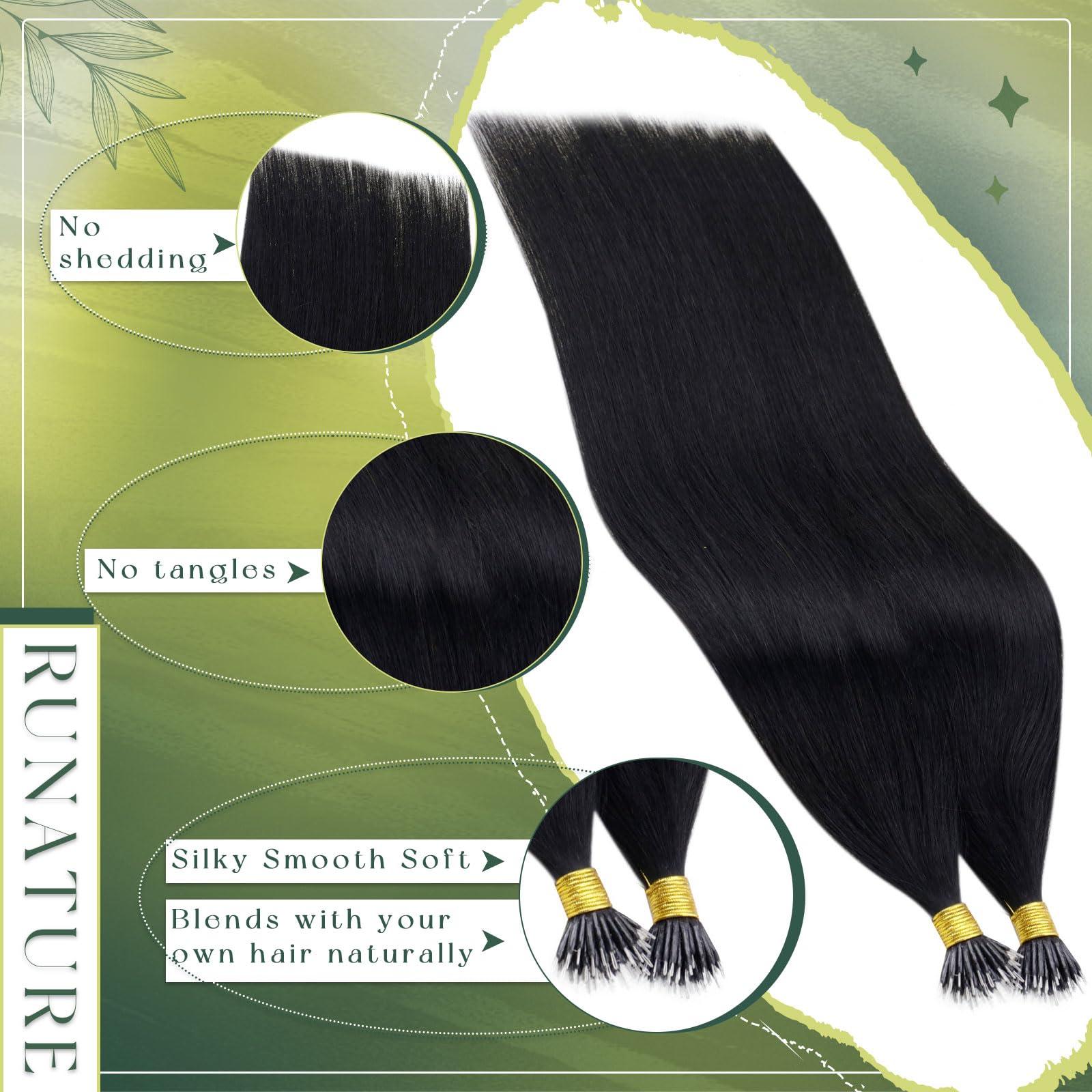 RUNATURE RUNATURE Nano Ring Hair Extensions 20 Inch Nano Bead Hair Extensions Human Hair Nano Hair Extensions Jet Black Brazilian Straight Nano Tip Hair Extensions Real Human Hair Full Ends 50g 50s