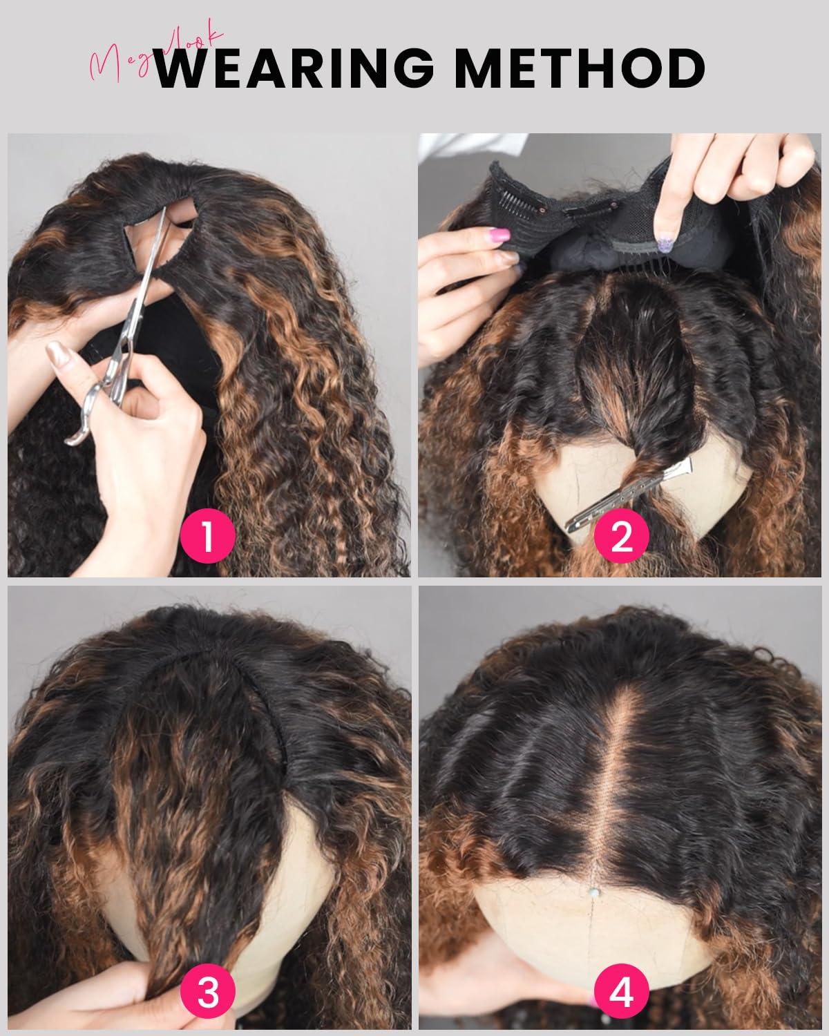 MEGALOOK MEGALOOK V Part Wig Human Hair Highlight Wig 12A Deep Curly Wig Human Hair 180% Density Half Wigs for Women Glueless U Part Wig with Clip Beginner Friendly No Sew In No Glue 18 Inch FB30#