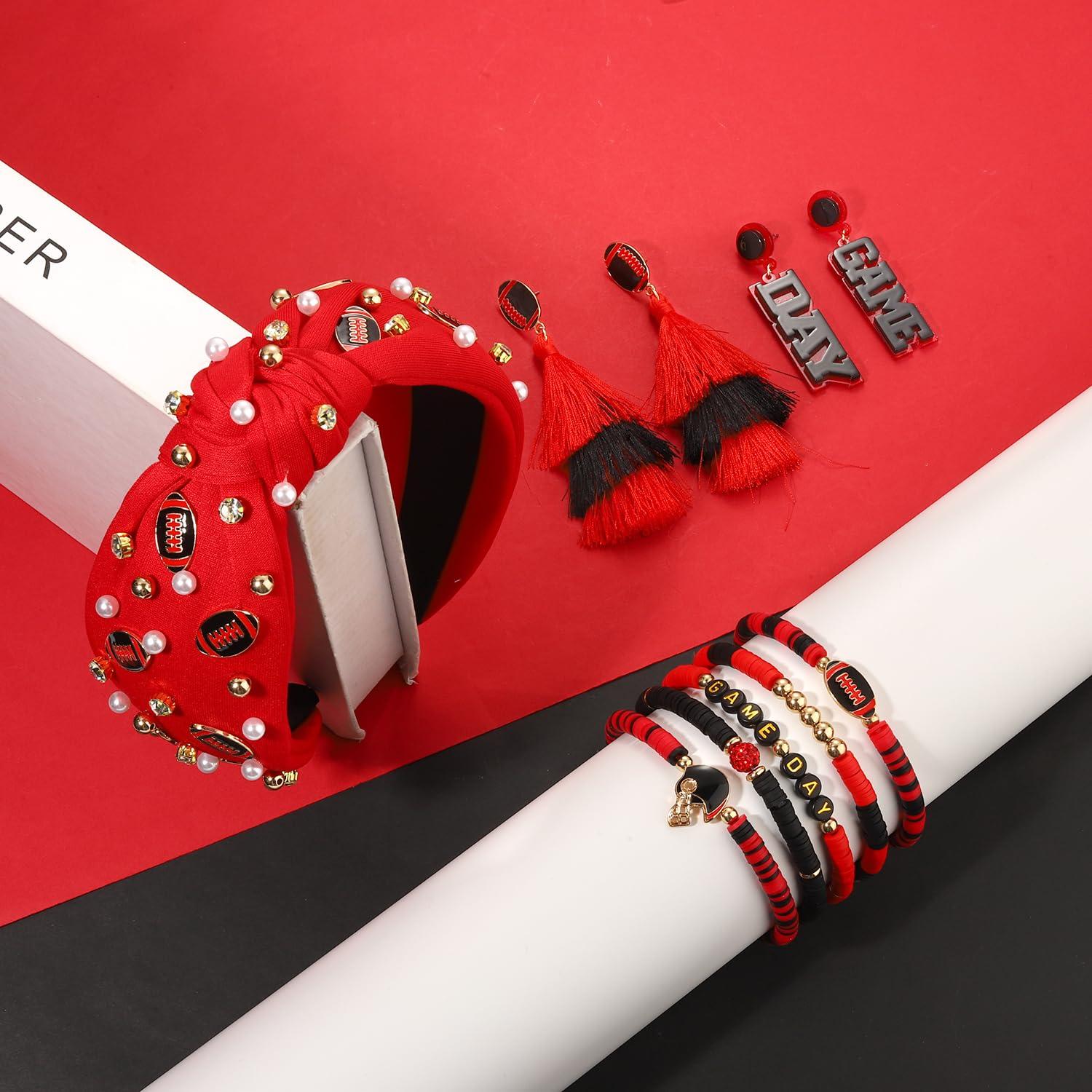 CEALXHENY CEALXHENY Game Day Headbands for Women Red Spirit Day Accessories Jeweled Football Headband Heishi Bracelets Game Day Tassel Earrings Football Mom Game Day Accessories Outfits Gifts (Game Day F)