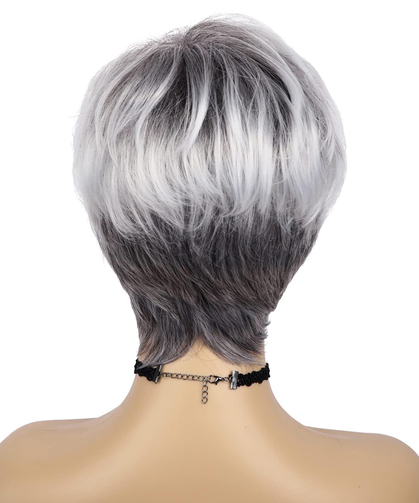 Happy Cherry Happy Cherry Short Hair Wigs with Bangs for White Women Ombre Wigs White Human Hair Wig Fluffy Shag Wig Synthetic Mom Wigs With Cap Comb