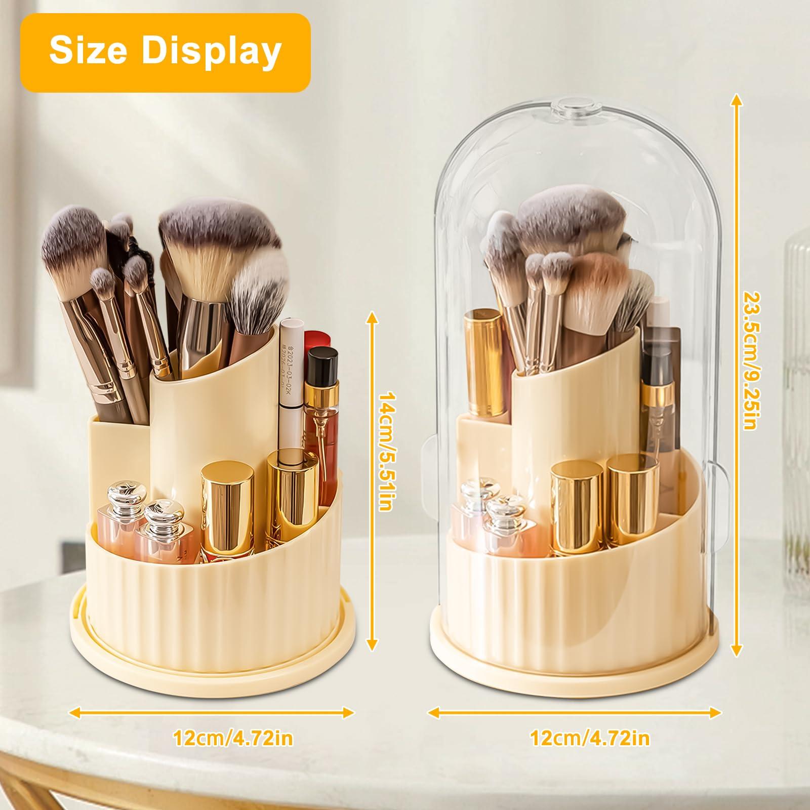 Segutage Makeup Brush Holder with Lid, 360 Rotating Makeup Brush Organizer with Cosmetic Bag Women Dustproof Cosmetics 5 Slots Makeup Brush Storage Cup for Vanity Desktop Bathroom Countertop (Cream White)