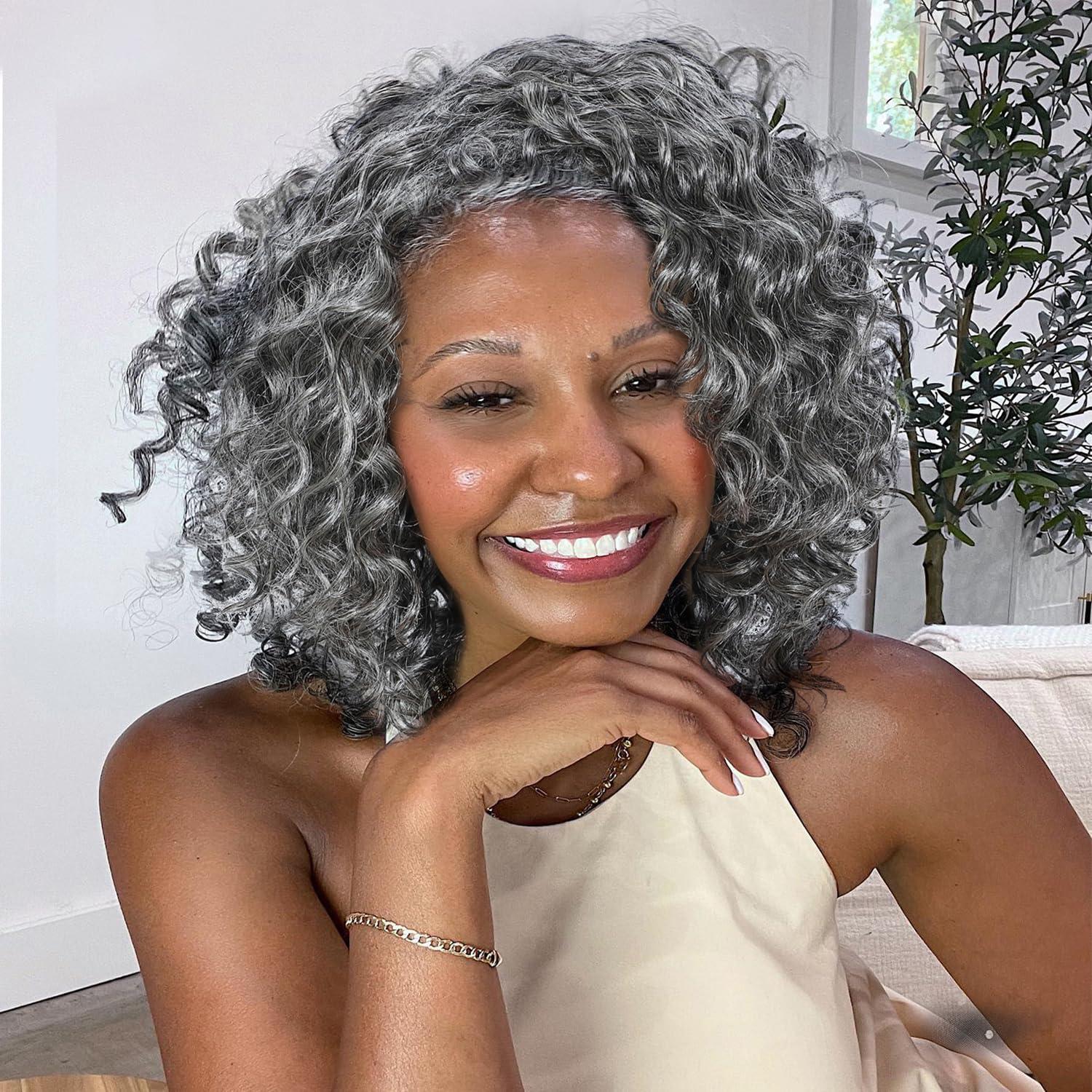 HUA HUA Salt and Pepper Grey Wigs Human Hair for Black Women Glueless Deep Wave Grey Human Hair Wig for Older Women Gray Wigs for Women Human Hair Mixed Bob Wear and Go Glueless Grey Wig