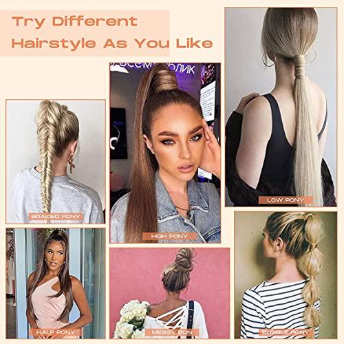 SEIKEA SEIKEA 28 Inch Clip in Ponytail Extension Wrap Around Long Straight Pony Tail Hair Synthetic Hairpiece for Women Color Ash Blonde with Golden Blonde