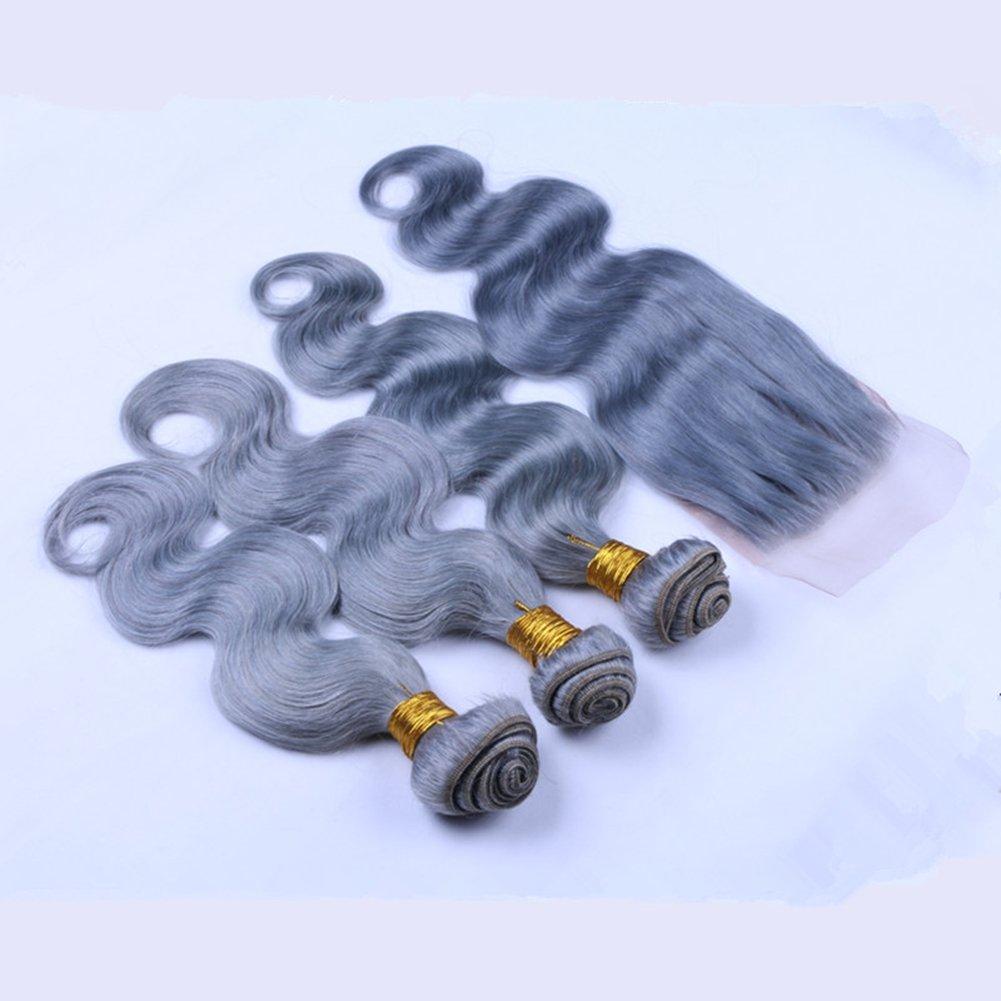 Ruma Hair Ruma Hair Pure Grey Hair Weave 3 Bundles With 4x4'' Lace Closure Silver Grey Body Wave Wavy Virgin Human Hair Extensions With Free Part Top Closures Piece (20 with 22 24 26)
