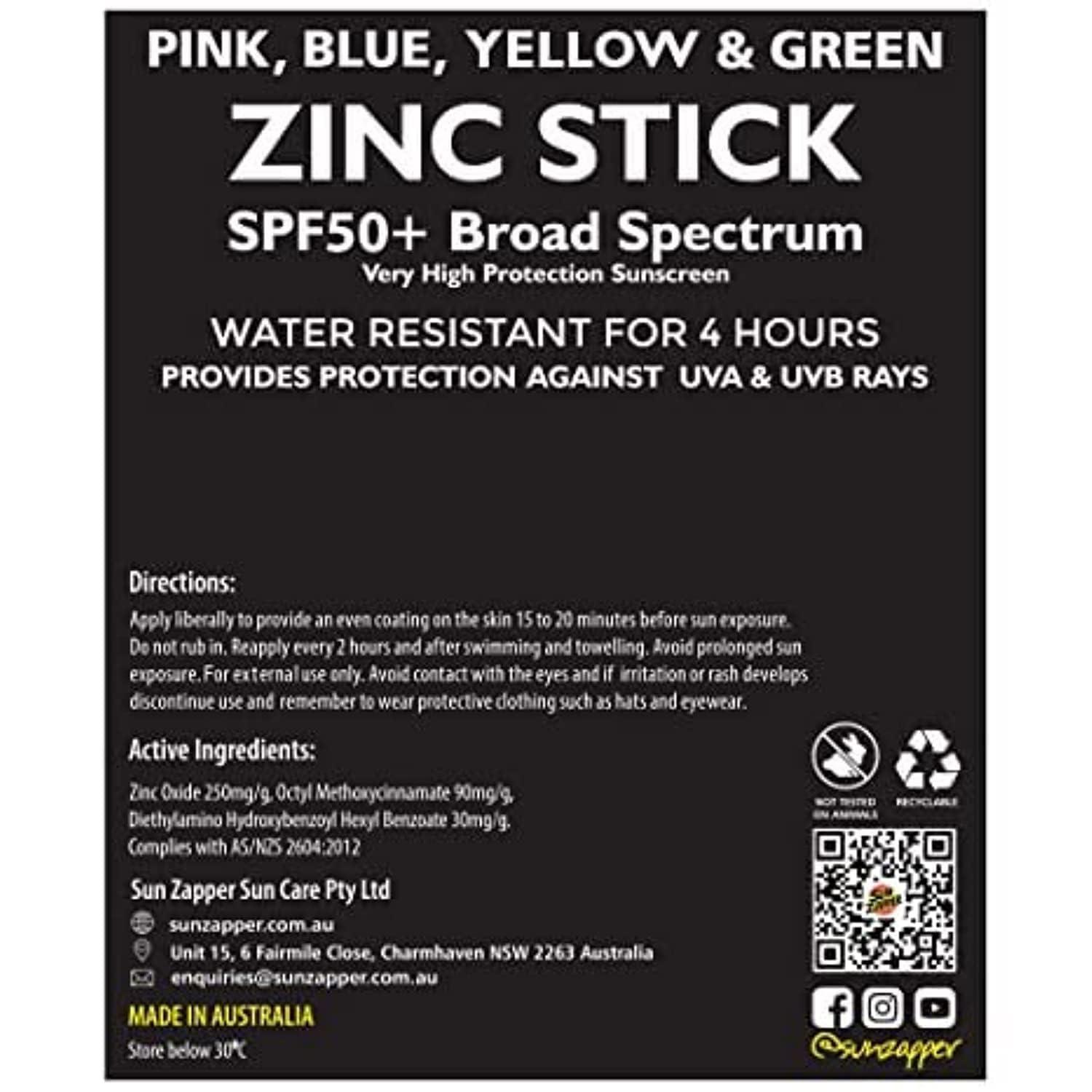 Sun Zapper Sun Zapper Zinc Oxide Mineral Sunscreen Stick  SPF 50+ Water Resistant  4-Pack (Pink, Blue, Green, Yellow) Rainbow Pack  For Face & Body  Made in Australia