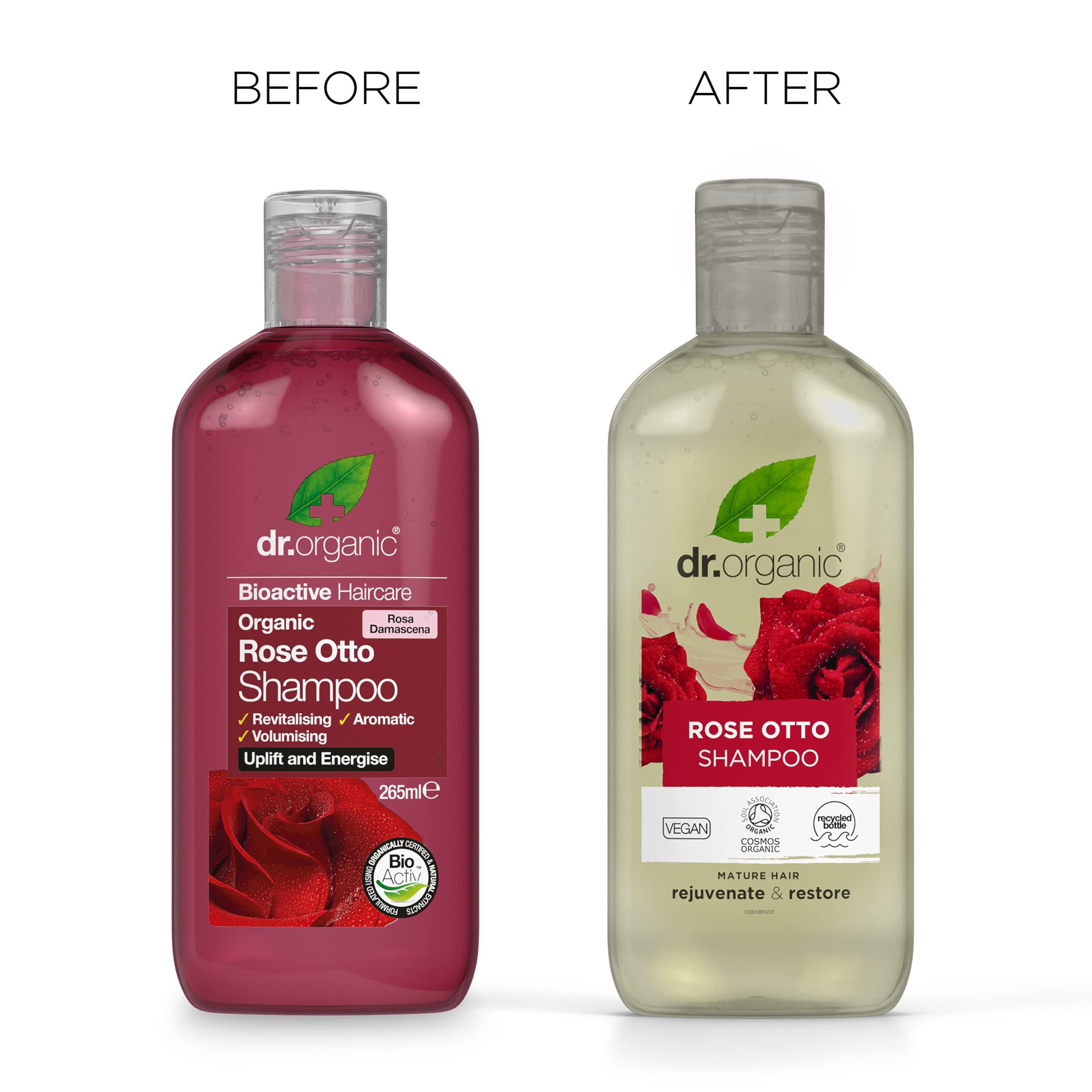 dr.organic Dr. Organic Rose Otto Shampoo, Restoring, Mens, Womens, Natural, Vegan, Cruelty-Free, Paraben & SLS-Free, Recyclable & Recycled Ocean Bound Plastic, Certified Organic, 265ml, Packaging may vary
