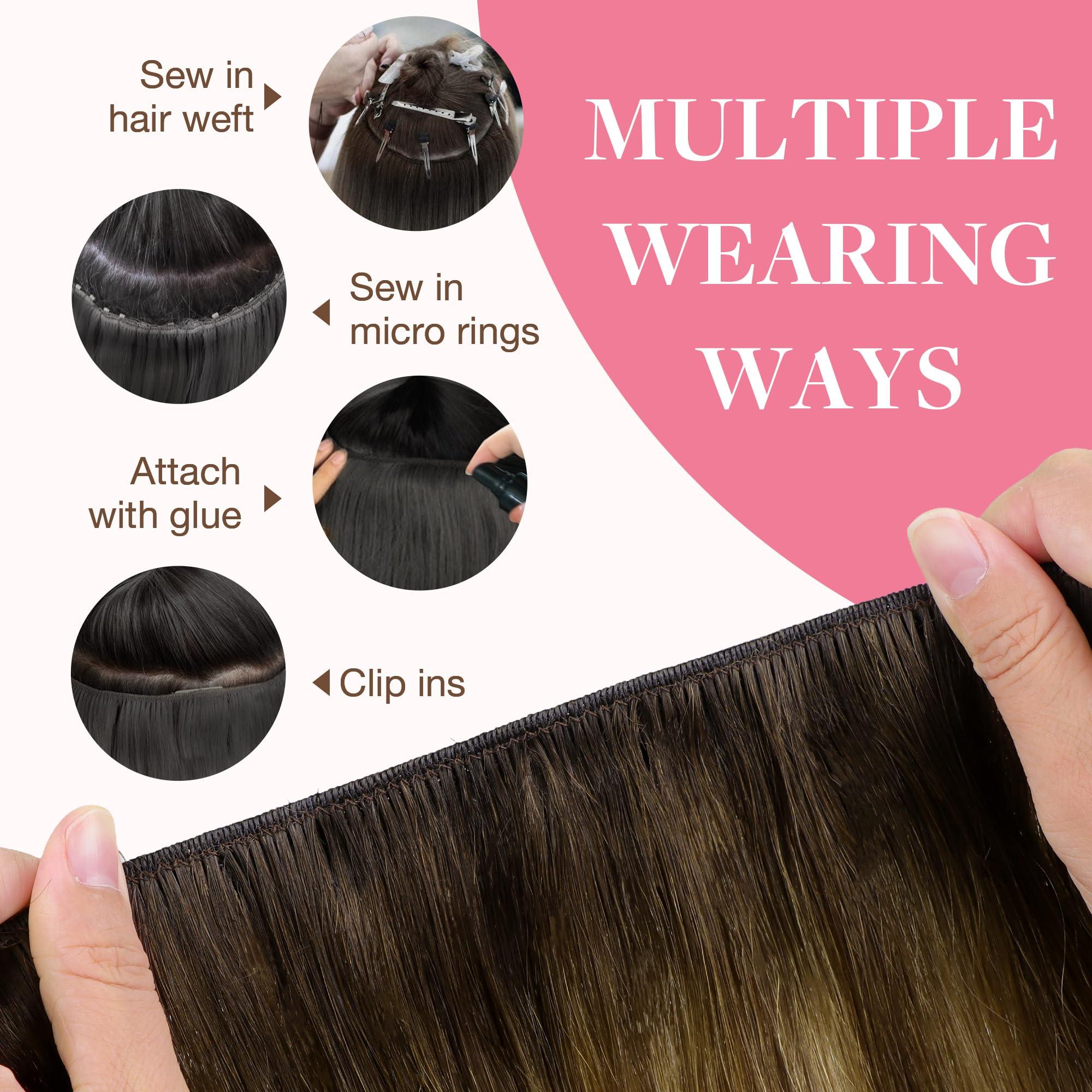 GOO GOO GOO GOO Sew in Hair Extensions Real Human Hair, Weft Hair Extensions Human Hair, 4D/14/5B Brunette Balayage 16inch 100g, Weft Bundles Straight Silky Remy Hair