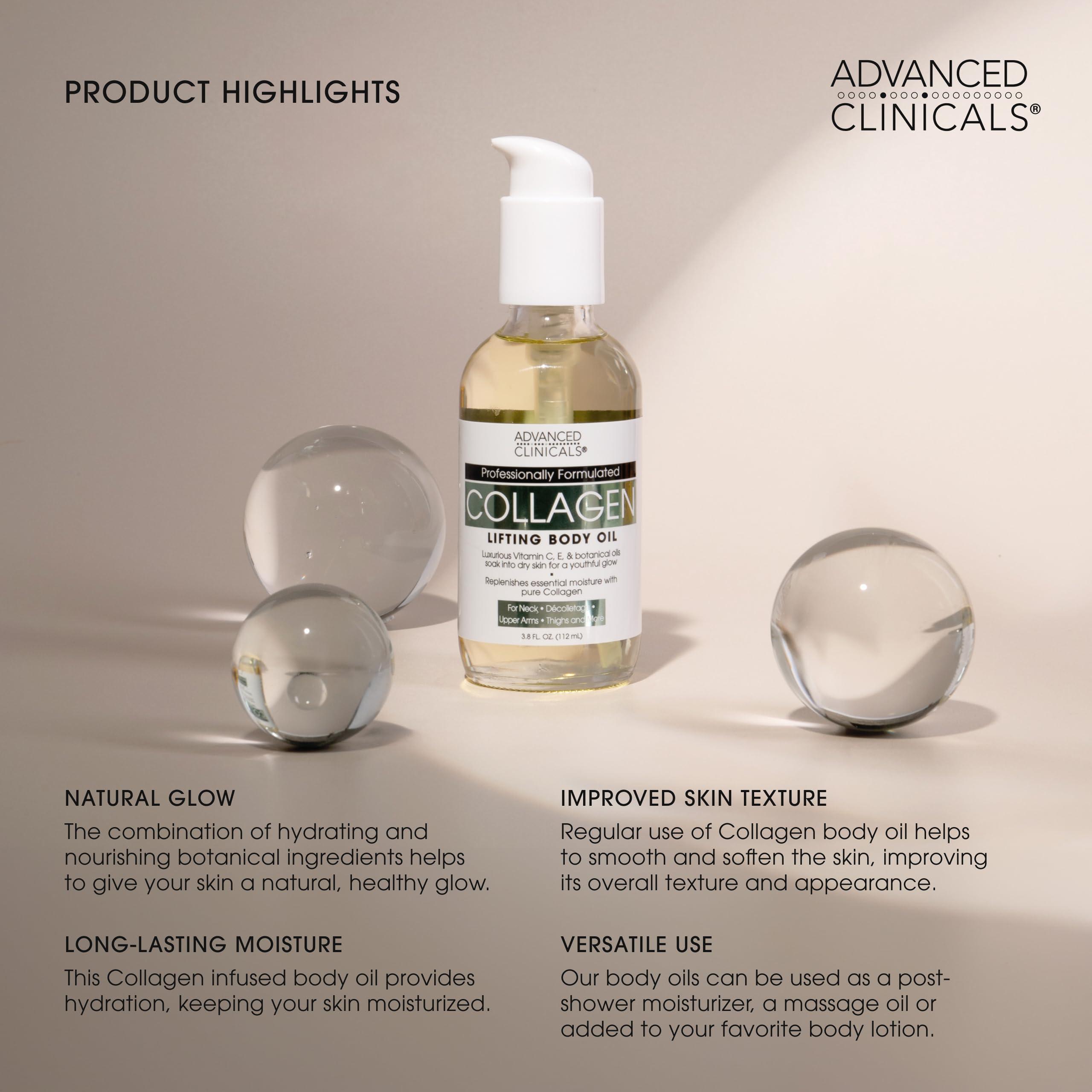 Advanced Clinicals Advanced Clinicals Firming Collagen Body Oil Skin Care Moisturizer | Massage Body Oil | Tighten, Firm, & Hydrate Collagen Oil For Scars, Wrinkles, Crepey Skin, & Stretch Marks, 2-Pack