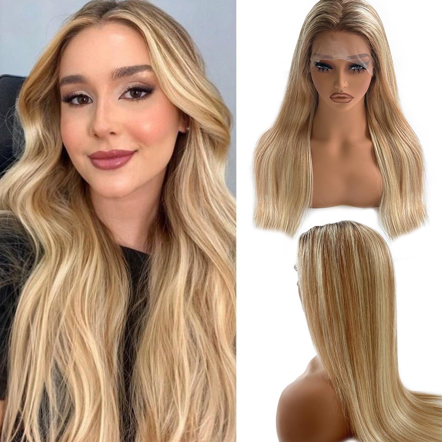 Valiilo Valiilo Blonde Balayage Wig Human Hair 13x4 Lace Front Wig Brown Roots Free Part 24 Inch Golden Brown Mixed 613 Blonde Highlights Human Hair Wig