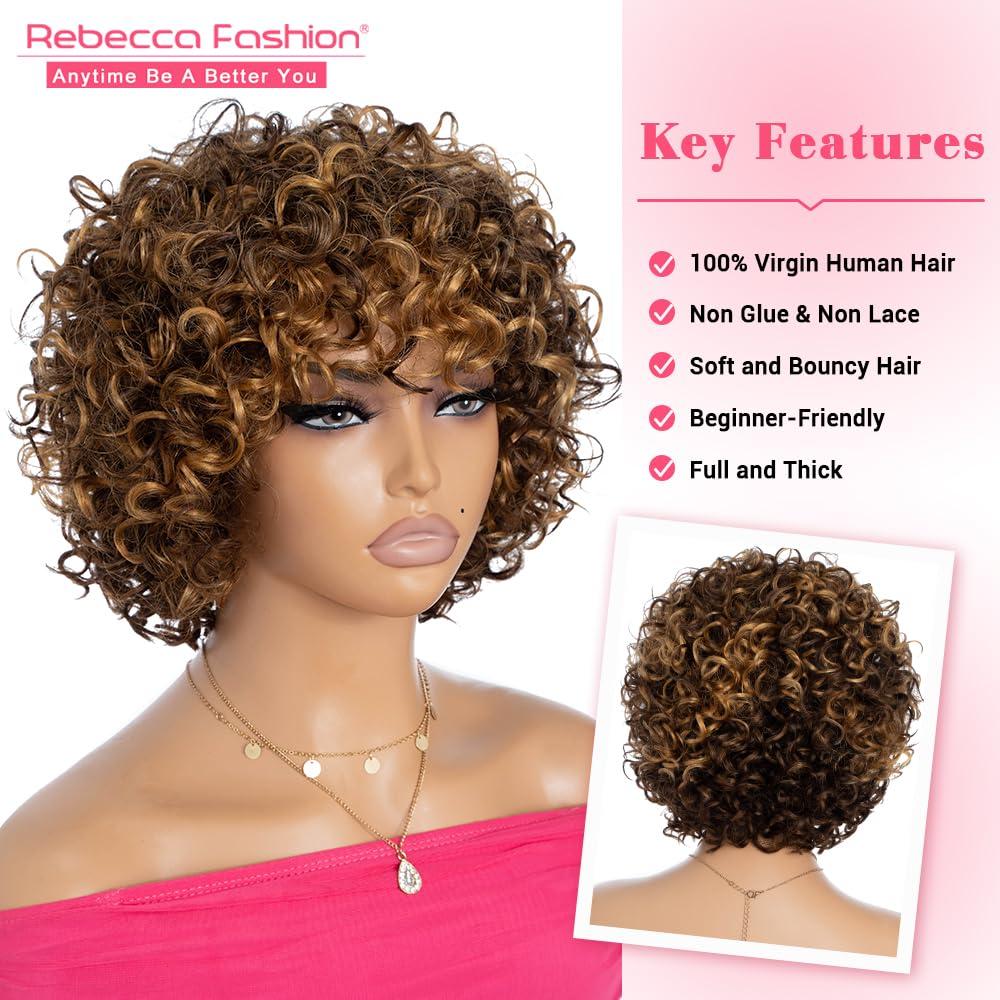 Rebecca Fashion Rebecca Fashion 8\" Highlight Brown Curly Wigs for Black Women Human Hair Short Curly Wigs with Bangs 10A Brazilian Virgin Human Hair 150% Density Wear and Go Glueless Wigs
