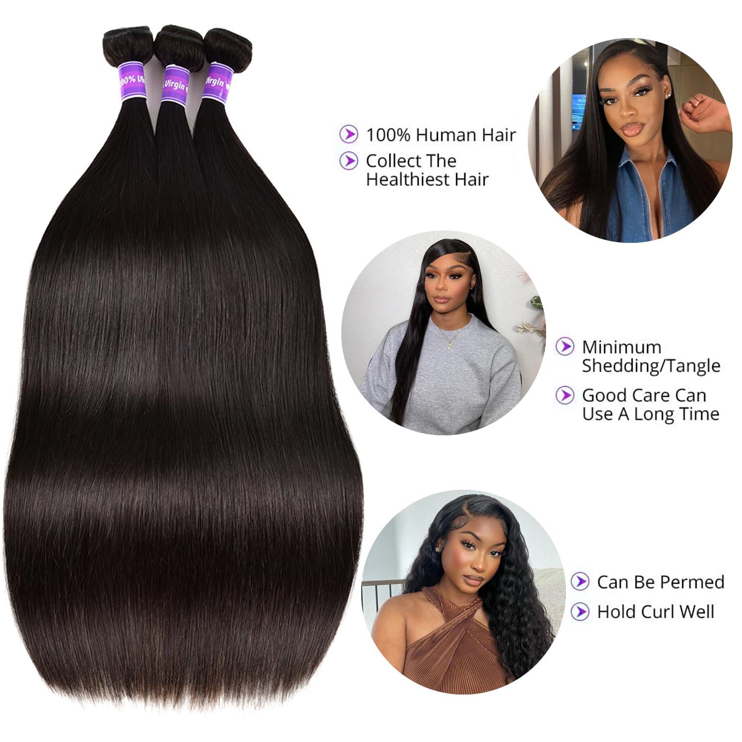 Sufeiya Hair Straight Human Hair Bundles With Closure For Black Women (24 26 28+20) Brazilian Human Hair Bundles With 4x4 Lace Closure Free Part 100% Unprocessed Weave 3 Bundles with Swiss Lace Closure