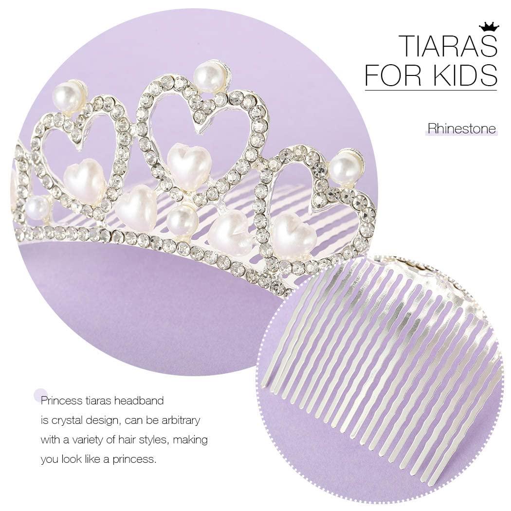 Kilshye Kilshye Princess Tiara Comb Pearl Heart Crown Combs Silver Rhinestones Hair Piece Bride Costume Hair Accessories for Women and Girls