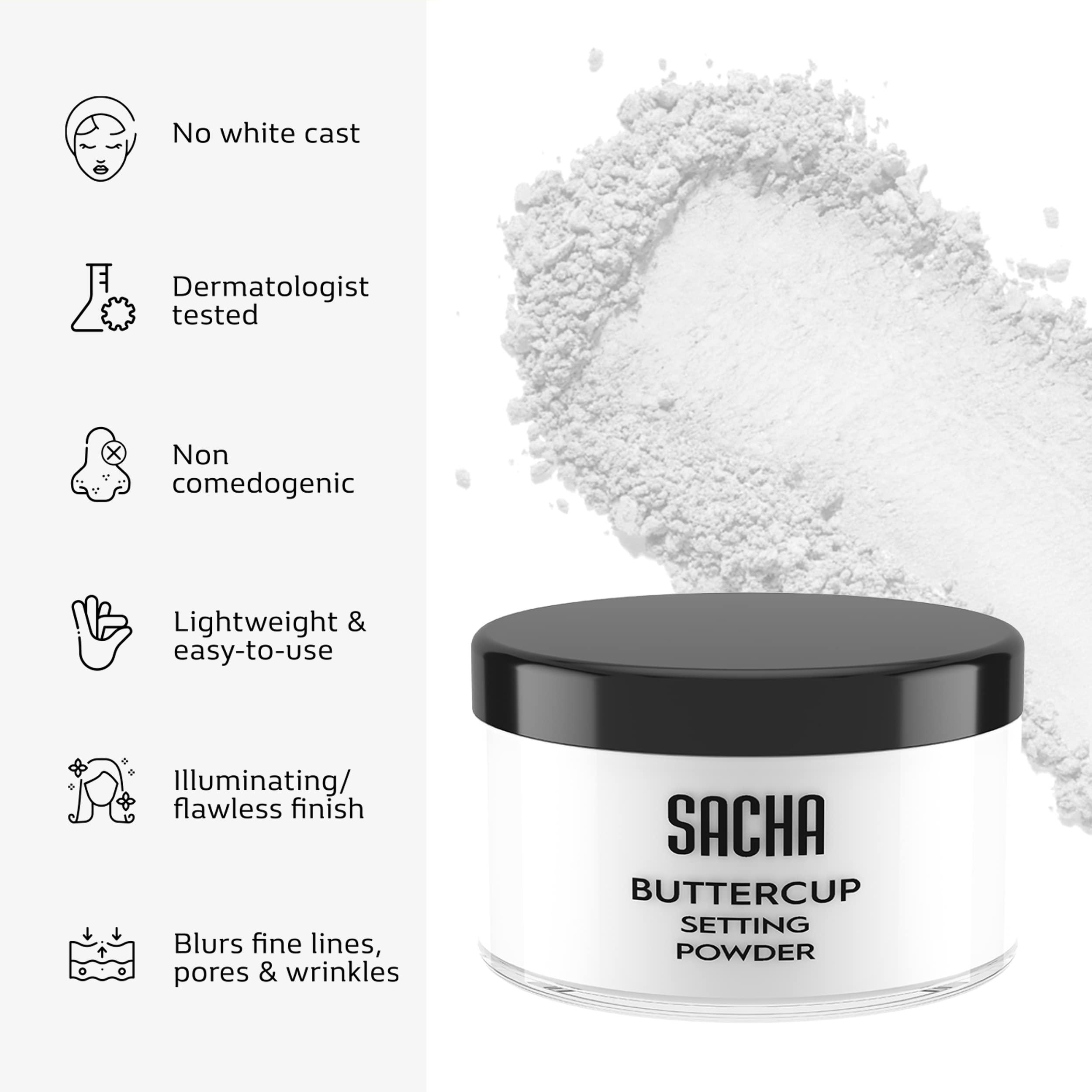 Sacha Cosmetics Sacha BUTTERCUP No Color Setting Powder Makeup 1.75 Oz. Translucent Setting Powder for Oily Skin Finishing Powder Loose Powder Makeup Blurring Powder Blurs Fine Lines and Pores For All Skin Tones
