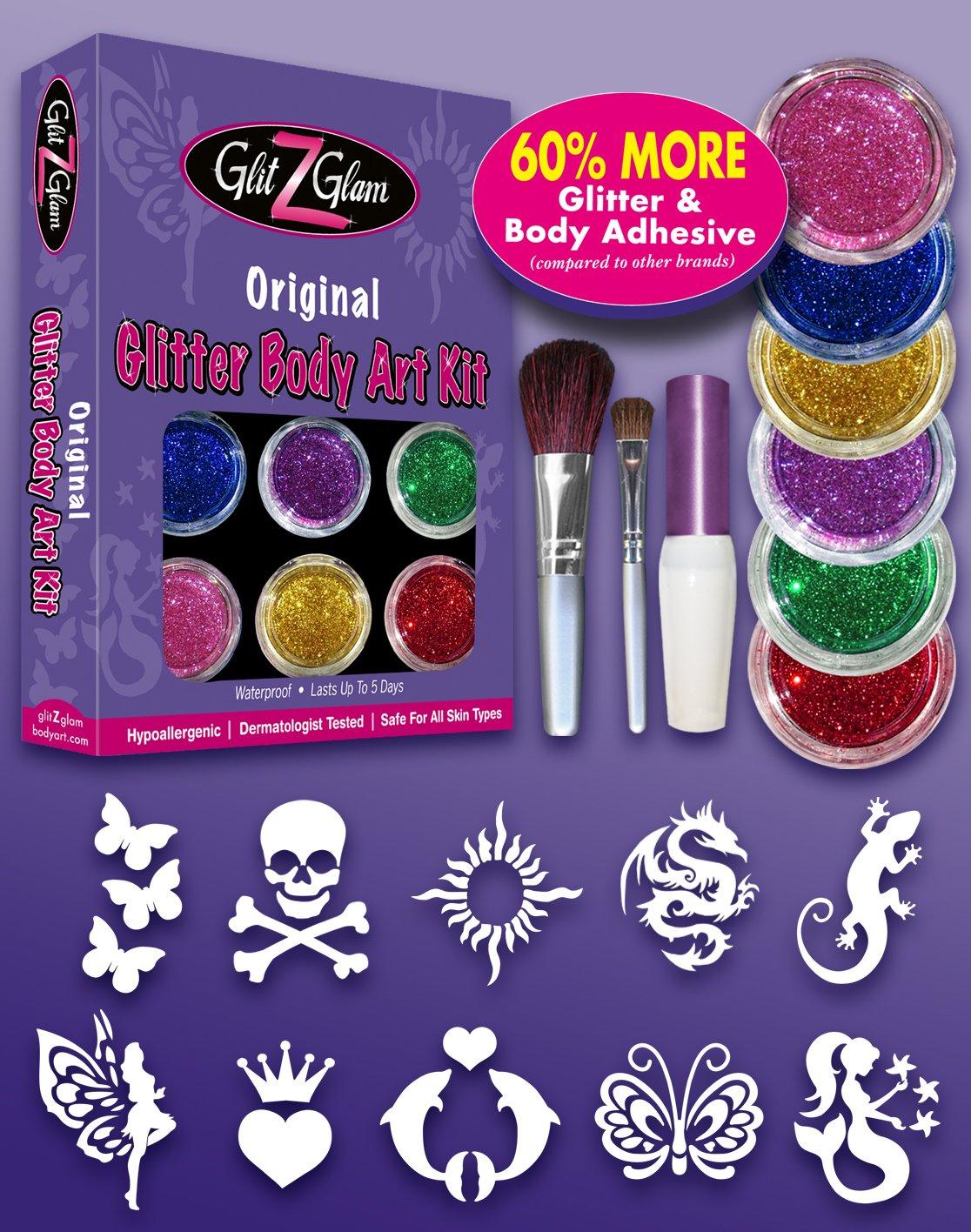 GlitZGlam Original Glitter Tattoo Kit and Temporary Tattoos with 6 Large Glitter Pots, Body Adhesive, Stencils and 2 Cosmetic Brushes