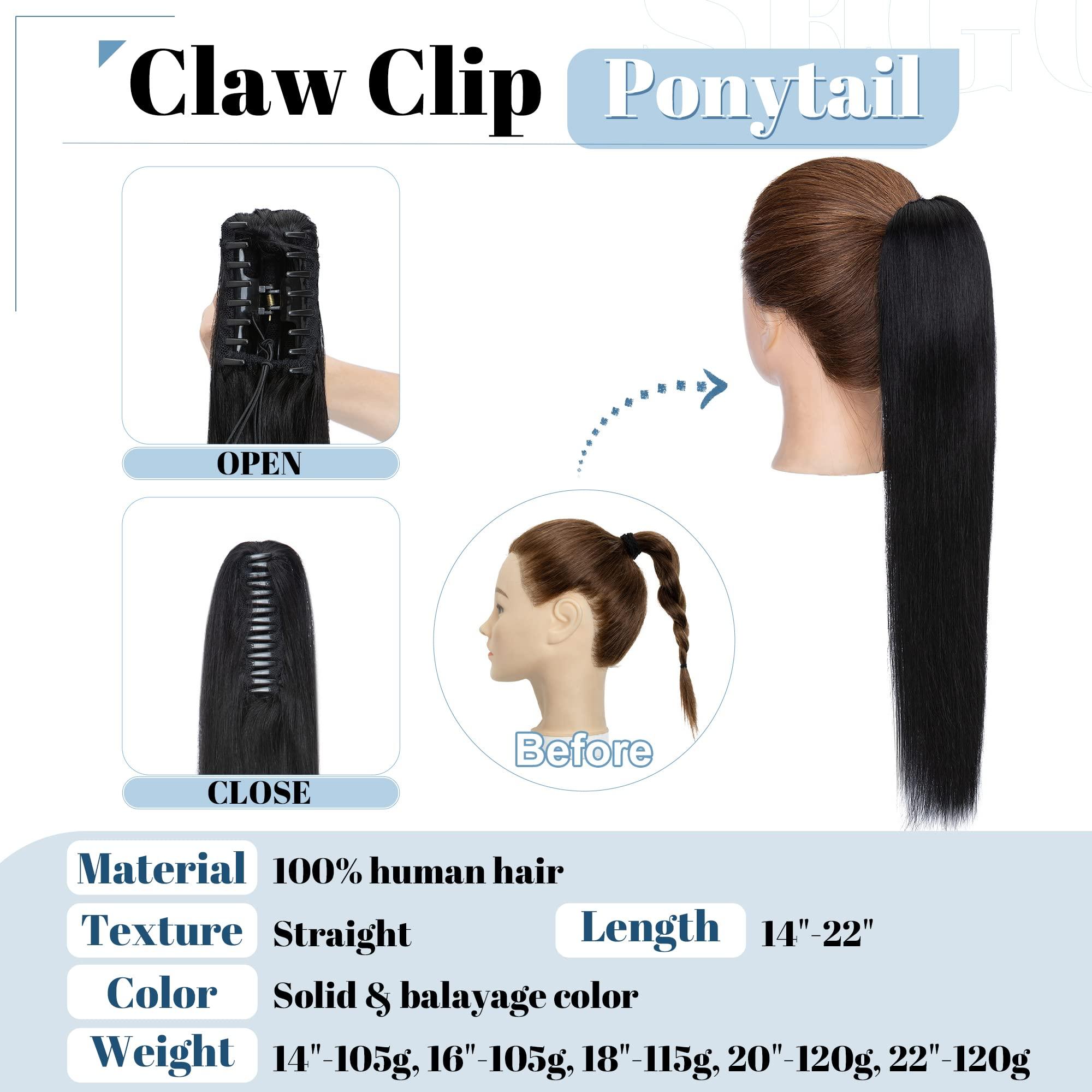 SEGO SEGO Claw Clip Ponytail Extension Human Hair Clip in Ponytail Hair Extensions 100% Real Human Hair Pony Tails Hair Extensions Long Straight For Women Jet Black 18 Inch 115g