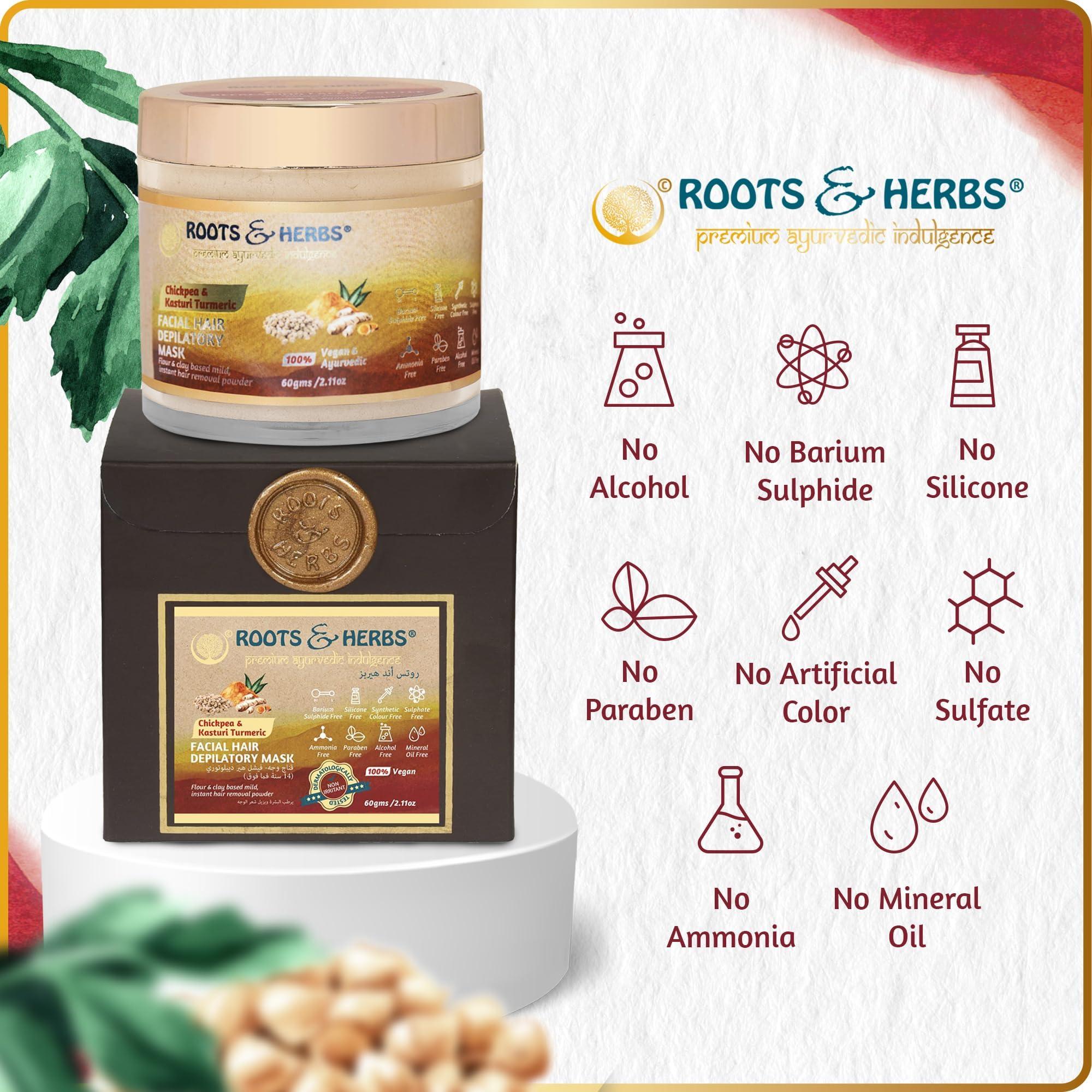 ROOTS AND HERBS Chickpea & Kasturi Turmeric Facial Hair Removal Powder - For Men & Women, Chin, Jawline & Upper Lips - Depilatory Mask with Ayurvedic Herbs - Roots & Herbs, 2.11oz