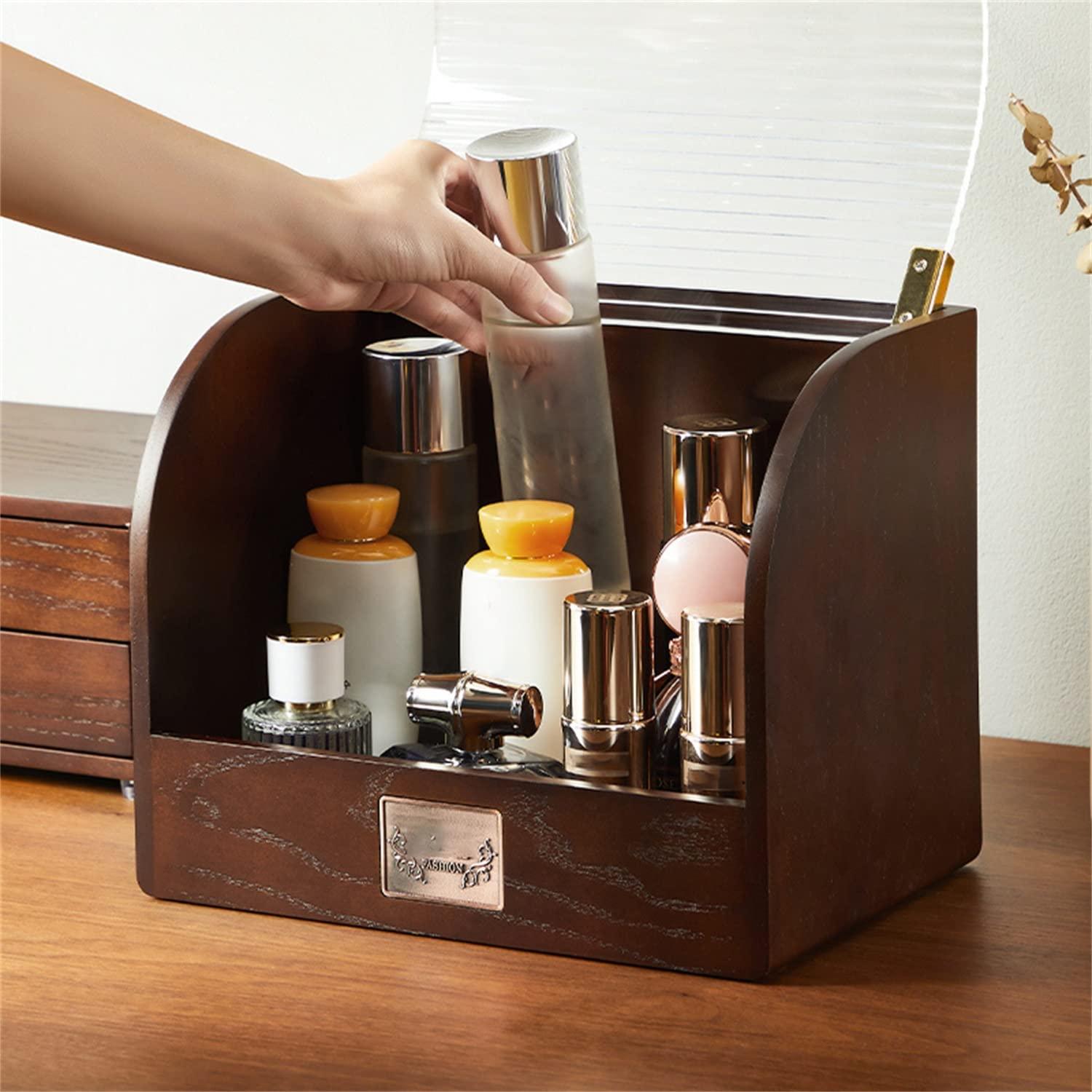 vijian Retro Cosmetic Storage Box Makeup Organizer, Wooden Cosmetic Display Case, Waterproof And Dustproof Lid, Desktop Dressing Table Skin Care Product Rack