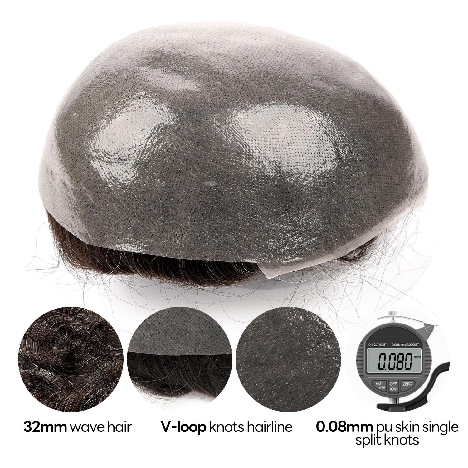 Blayzehair Men Toupee Hair System Ultra Thin Skin Hair Piece European Human Hair Replacement 0.02-0.10MM V-LOOP Toupee For Men. (1B50# Off Black with 50% Synthetic Grey, 8x10\"-0.08MM-0.10MM V-LOOP)