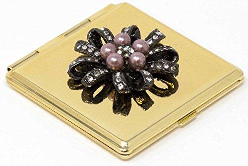 Stephanie Imports Folding Compact Pocket Makeup Mirror With Swarovski Rhinestone Crystals Double Sided (5x magnification + 1x magnification) (Golden Flower (Square))