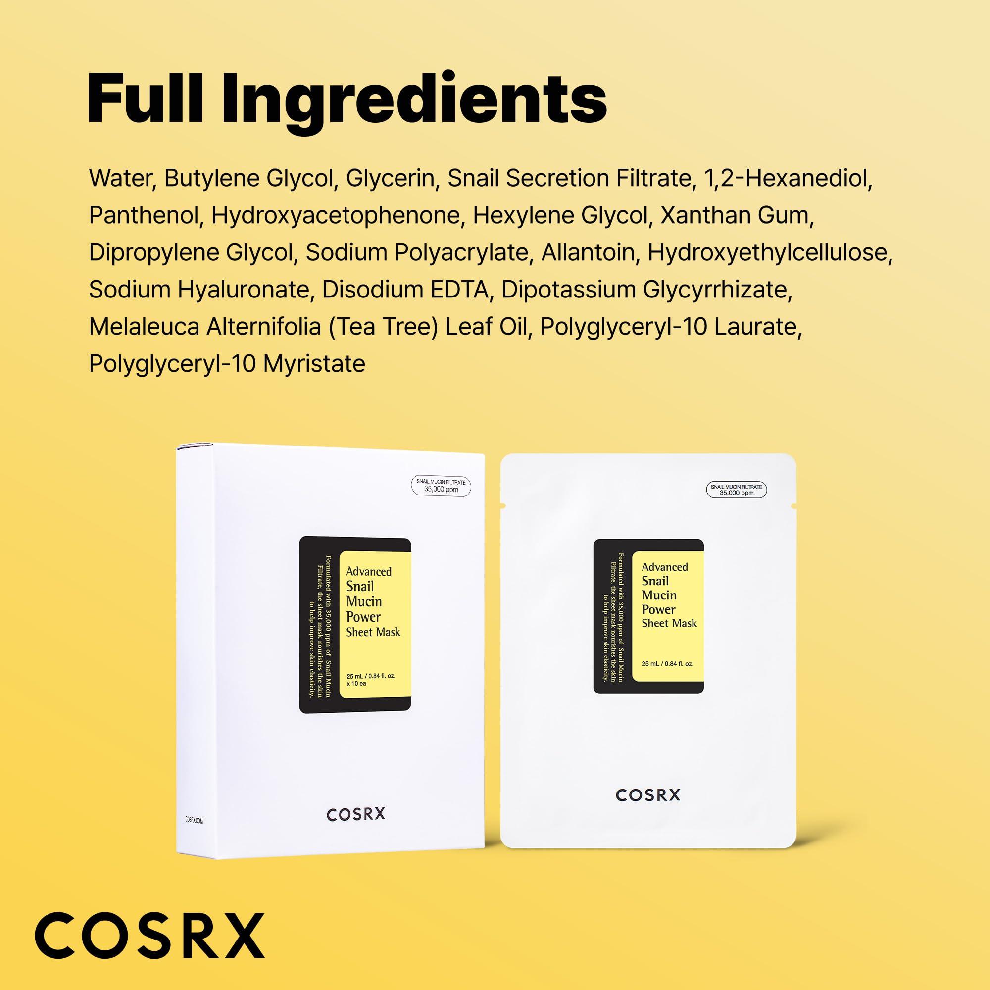 COSRX COSRX Snail Mucin Sheet Mask 10 EA with Snail Mucin Serum, Self Care, Face Masks for Dry, Sensitive Skin, Not Tested on Animals, No Parabens, No Sulfates, Korean Skin Care