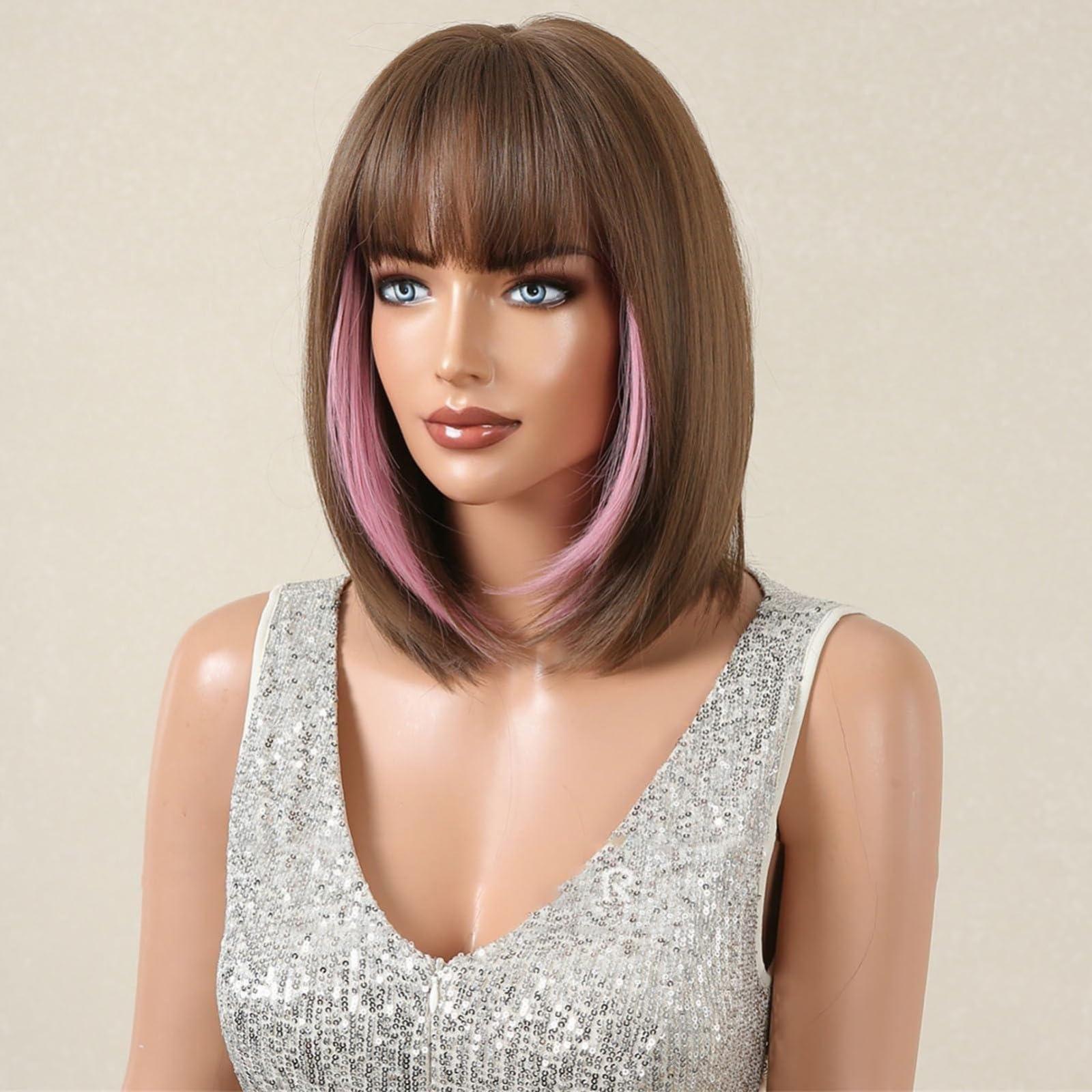 POWHA POWHA Short Auburn Wig with Bangs for Women Natural Synthetic Hair Ombre Wig with Dark Roots Loose Wavy Wig, size