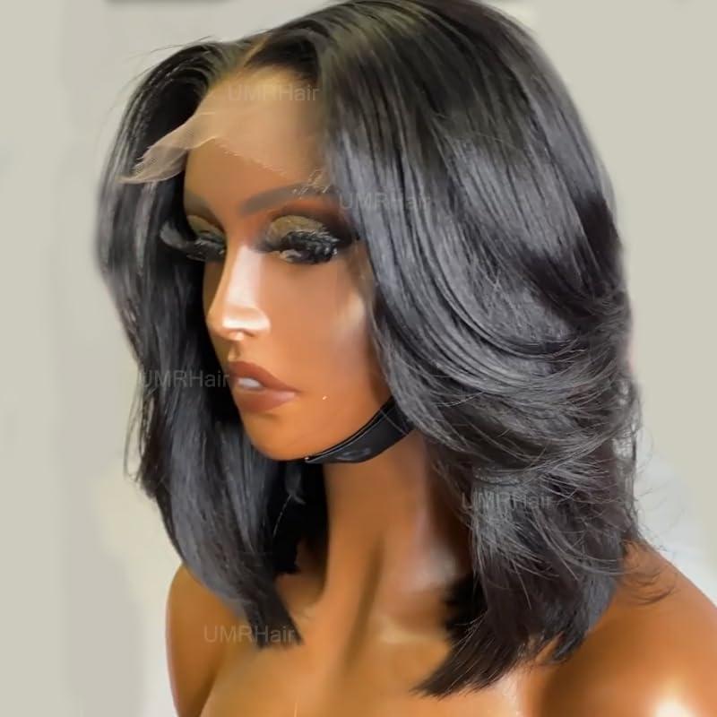 UMRHair 12inch Layered Lace Front Wigs Brazilian Glueless 180% Density Short Bob Human Hair Wig for Black Women 13X4 Middle Part Short Cut Layered Bob Wig PrePlucked BabyHair