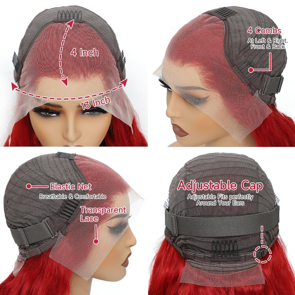 JINNOO JINNOO Red Wig Human Hair 13x4 HD Lace Frontal Human Hair Wigs 200 Density Body Wave Lace Front Wigs Human Hair Pre Plucked With Baby Hair Red Human Hair Wig Glueless Wigs Human Hair 24 Inch