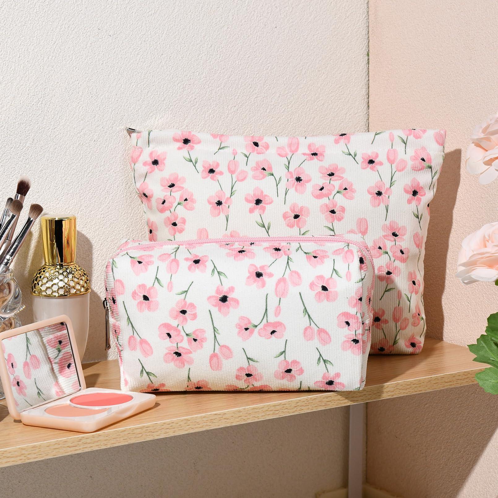 SOIDRAM SOIDRAM 2 Pieces Flower Makeup Bag Large Floral Cosmetic Bag Capacity Canvas Mix Travel Toiletry Bag Organizer Cute Makeup Brushes Aesthetic Accessories Storage Bag for Women, Flower Mix Pink
