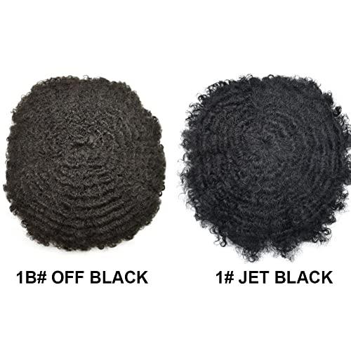 Generic Afro Toupee For Black Men Weave Hair Units Thin Skin Injection PU Human Hair Replacement System African American Wigs for Man Curly Hairpiece Prosthetics (Afro Curl 10mm, 1B Off Black)