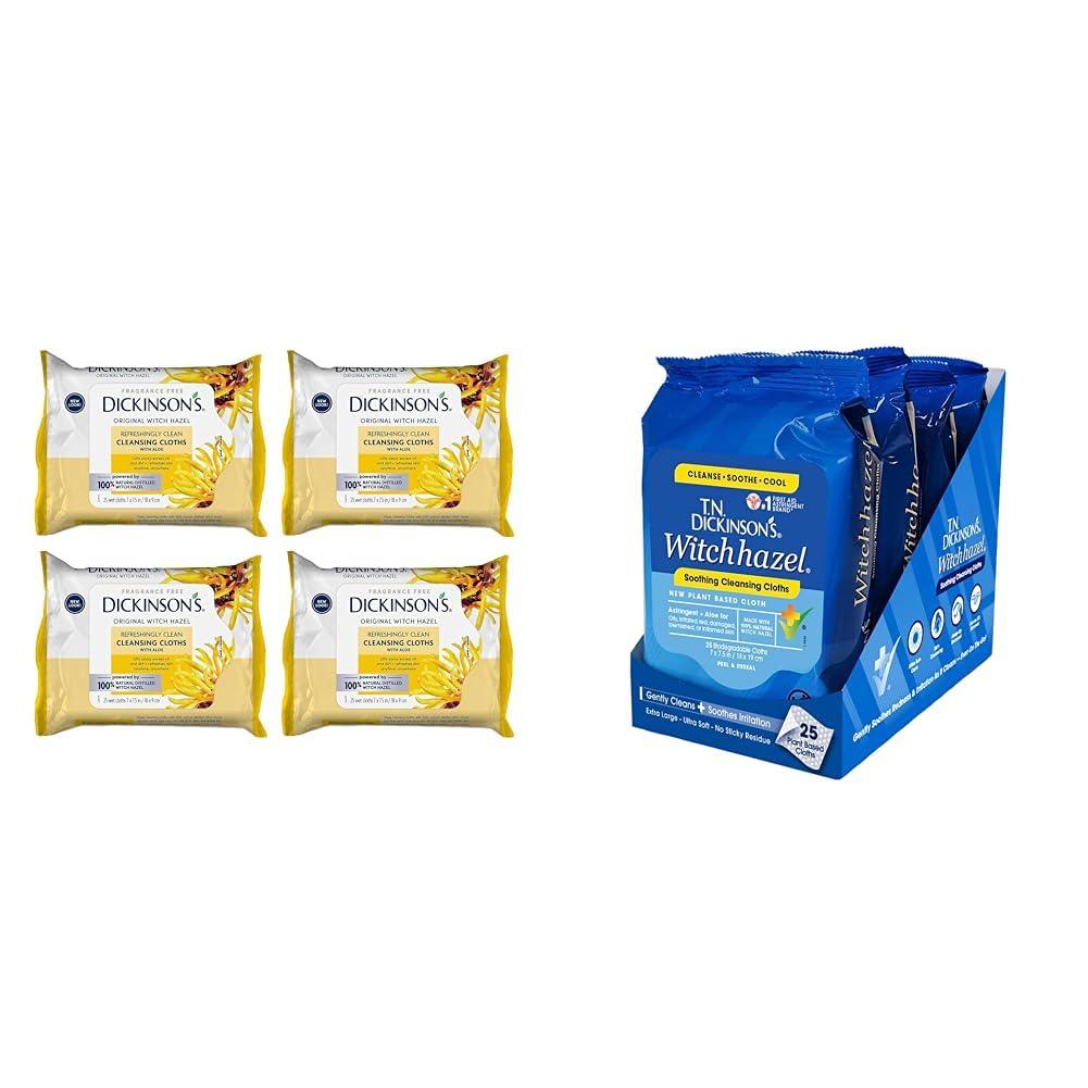 Dickinson\'s Dickinson\'s Original Witch Hazel Refreshingly Clean Cleansing Cloths with Aloe & T.N. Dickinson\'s Witch Hazel Soothing MultiUse Cleansing Cloth, 4 Pack, 25 Cloths Per Pack,white