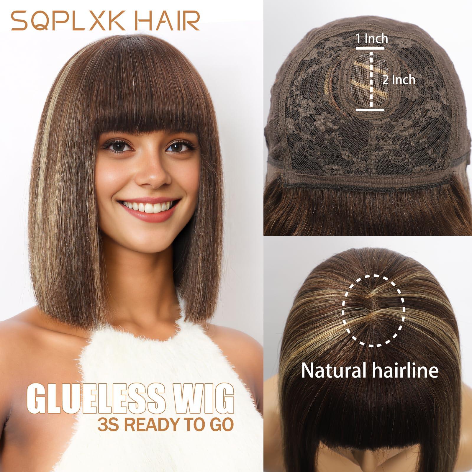 SQPLXK SQPLXK 4/27 Highlight Bob Wig with bangs Human Hair Glueless 2x1 HD Lace Coloured Bob Wig 180 Density Wear and Go Virgin Human Hair Machine Made Bob Wigs for Women 12 Inch