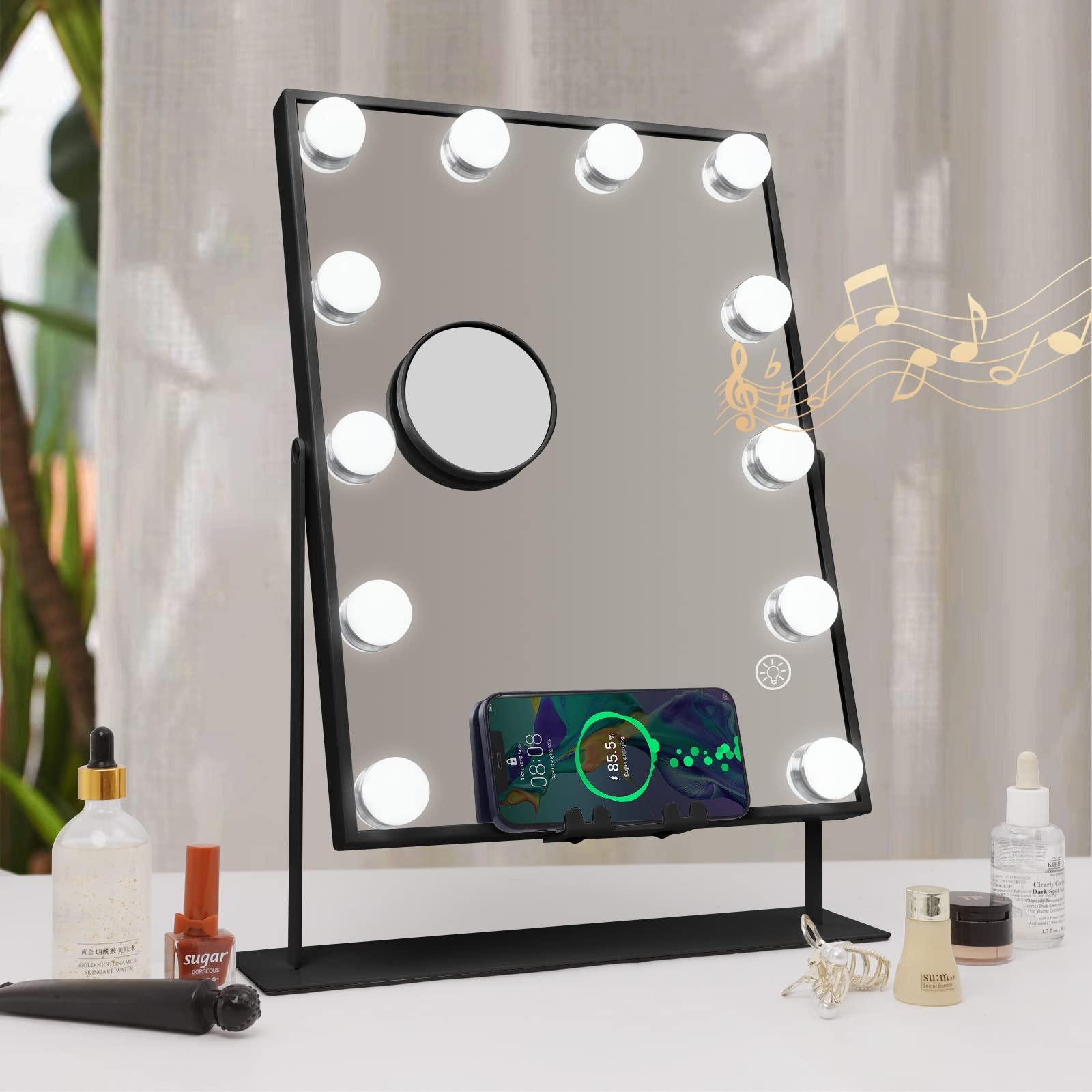 Hansong Hansong Vanity Mirror with Lights and Wireless Charging Hollywood Mirror with Lights and Phone Holder 12 LED Bulb Music Speaker Makeup Mirror with Lights 3 Color Lighting Modes Black