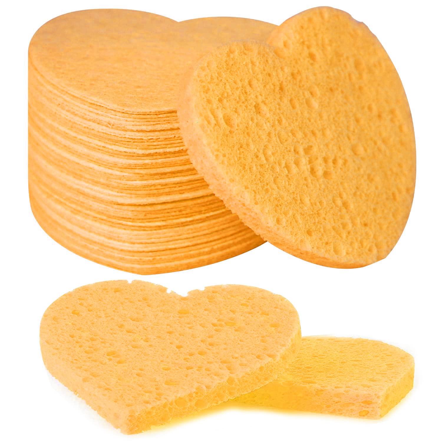 Spunspon 100-Count Compressed Facial Sponges for Estheticians Heart Shape Natural Cellulose Sponge Cosmetic Spa Sponges for Face Cleansing, Massage, Pore Exfoliating, Mask, Makeup Removal, Deep Yellow