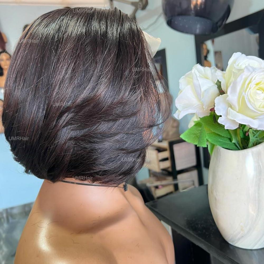 UMRHair Layered Haircut Face Framing Frontal Wigs for Women 13X6 Deep Part Short Cut Bob Wig Human Hair 13x6 Frontal Lace Glueless Wig Natural Black 8inch 130Density