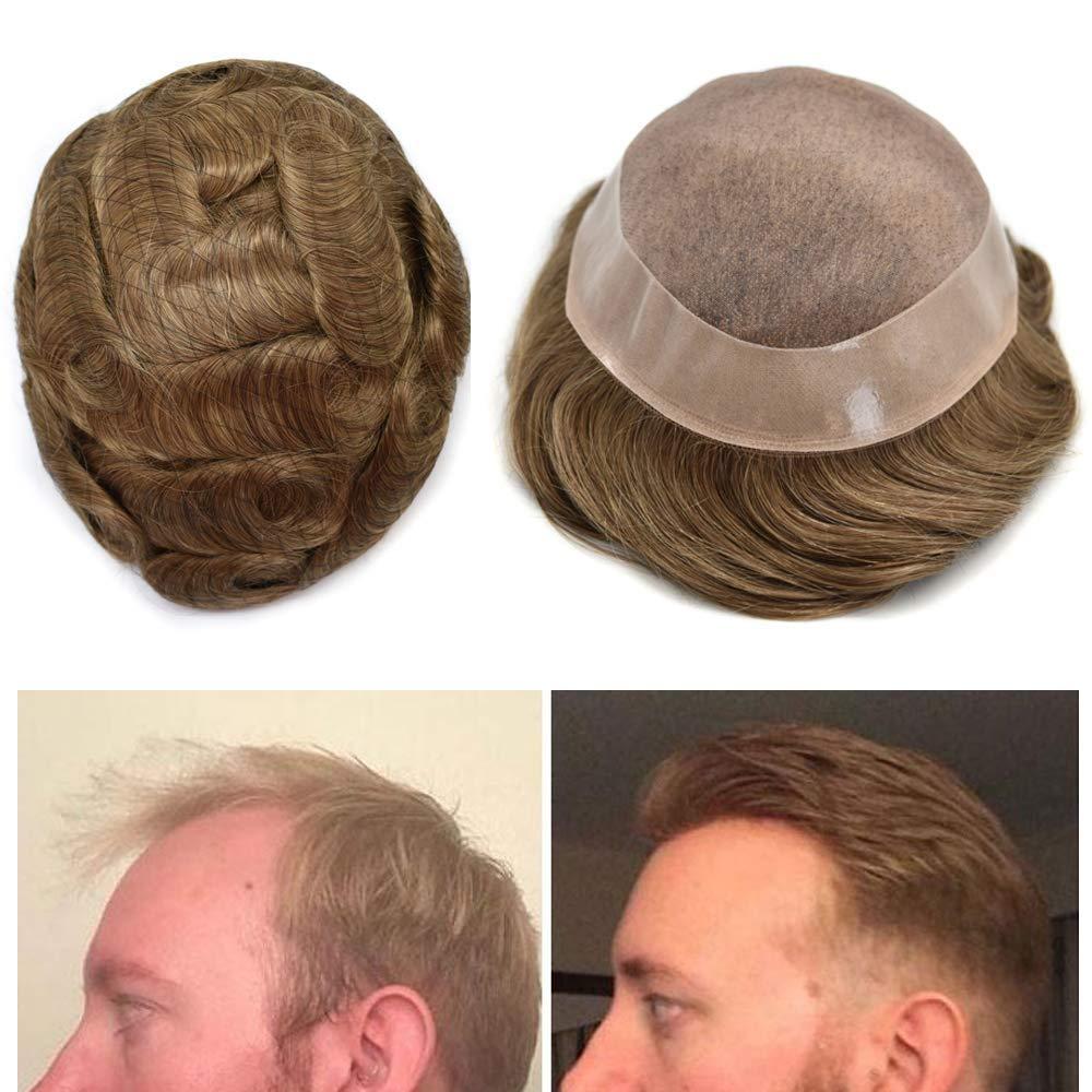 Generic Mens Toupee Men Hair System Durable Fine Monofilament European Human Hair Replacement Toupee for Men Hair Pieces Poly Coated Hair Prosthesis for Men17# DARK ASH BLONDE Medium density6*9