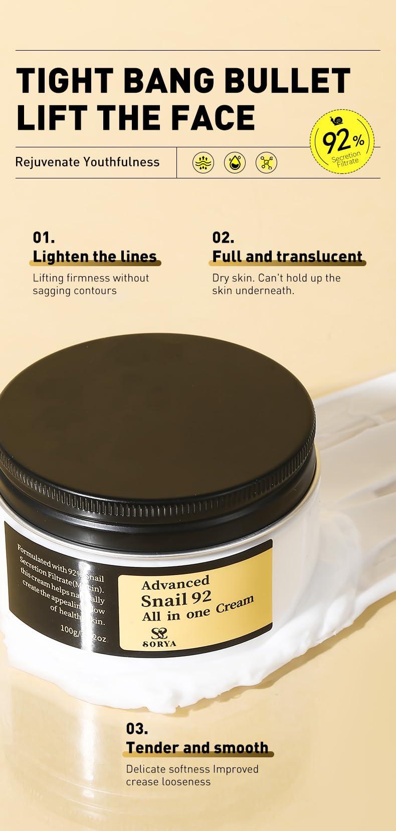 SORYA Advanced Snail Mucin 92% Face Cream Snail Moisturizer Powerful Anti Aging Blemishes for Deep Hydration, Skin Repair, and Wrinkle Reduction