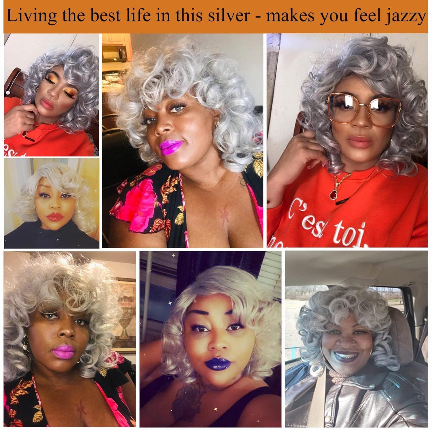 ELIM ELIM Curly Wigs for Black Women Short Kinky Curly Grey Wigs for Women Big Curly Afro Soft Wig with Bangs Heat Resistant Natural Cute Synthetic Wig for Daily Z306GY