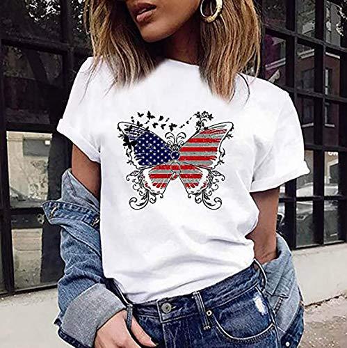 niaanieaie Women's Tops for Independence Day Floral Tops V/O Neck Printed Basic Loose Casual(White,XL)