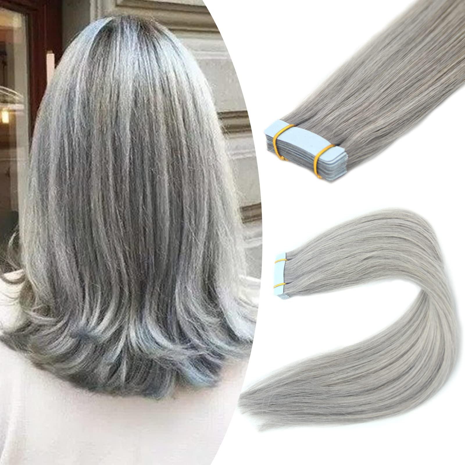 Fenicy Fenicy Gray Hair Extensions Tape in Human Hair Real Hair Silver Gray Seamless Skin Wefts Tape-on Remy Hair Extensions Light Grey Invisible Double Sided Adhesive Tape-ins Hair 16inch 10Pcs/Pack