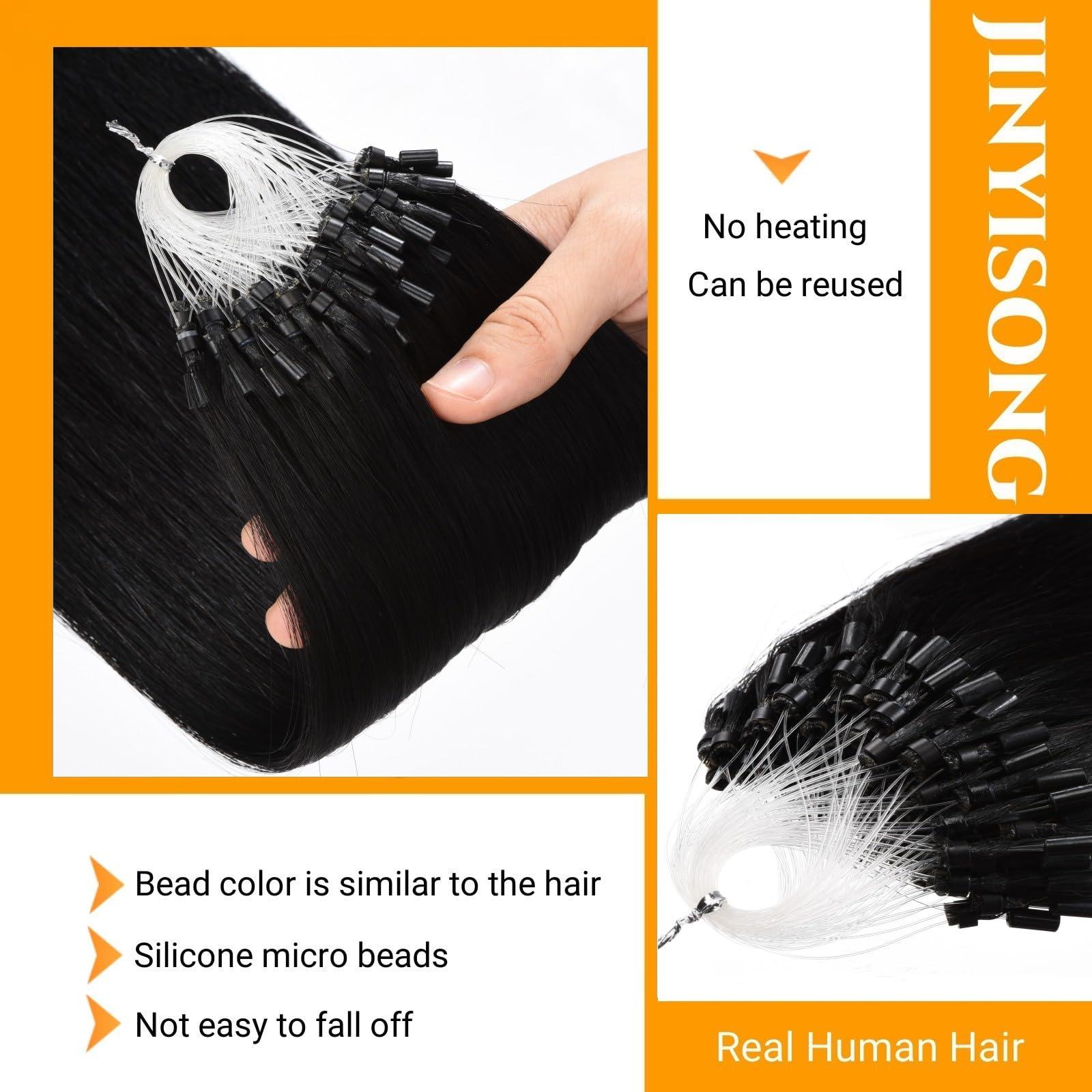 Jinyisong Micro Link Hair Extensions Human Hair 18 Inch Bead In Hair Extensions Micro Loop Human Hair Extension 0.5g/s 50g Invisible Beaded Hair Extensions #1 Jet Black