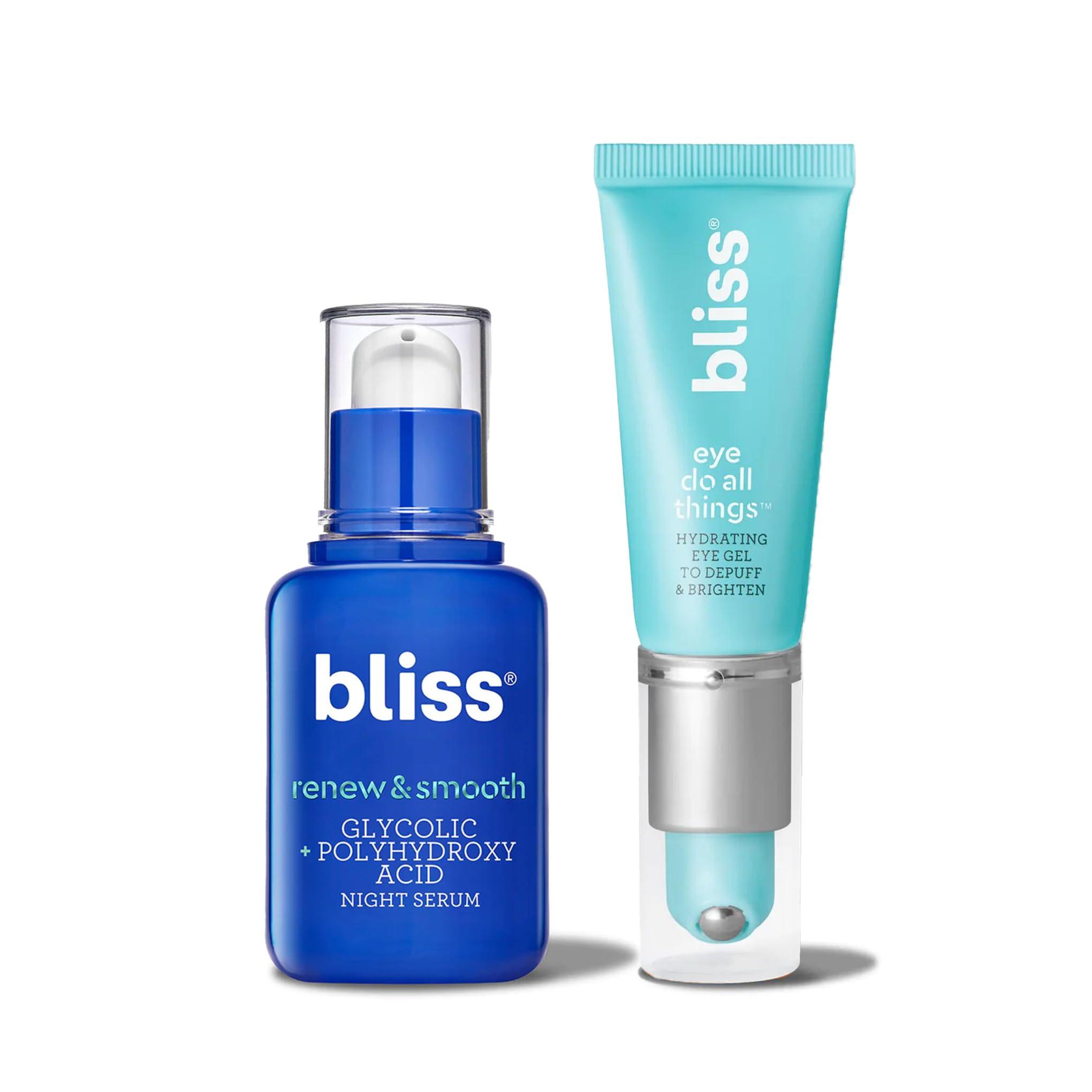 Bliss Bliss Renew & Smooth Night Face Serum- AHA Glycolic + Polyhydroxy Acid + bliss Eye Do All Things Hydrating Eye Gel Depuff & Brighten Straight-from-the-Spa