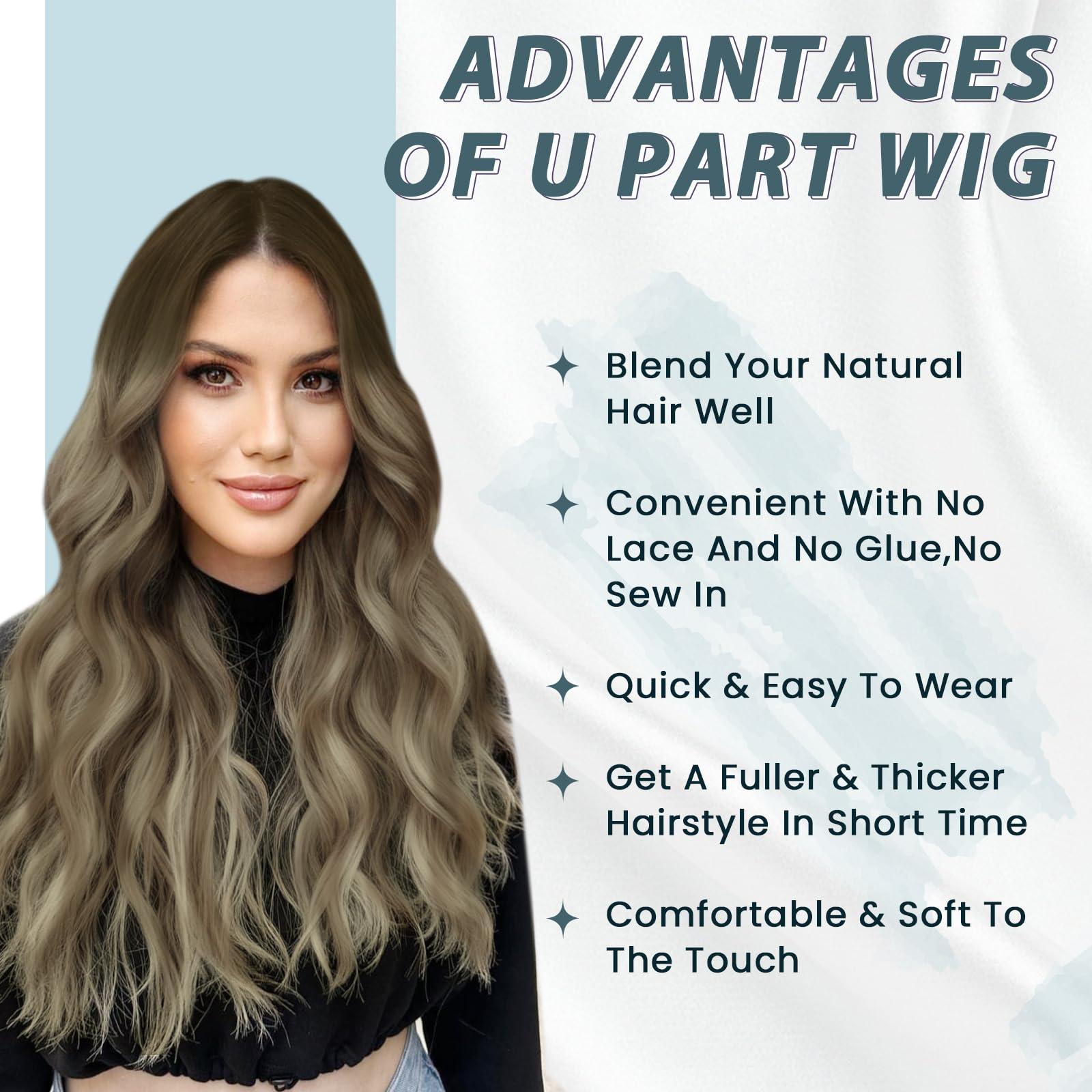 RUNATURE RUNATURE U Part Human Hair Wig Balayage Brown to Blonde U Part Wig Human Hair 12 Inch Glueless Real Hair Wig U Part Wig with Middle Cap Glueless Clip in Half Wig Real Human Hair Silky Straight