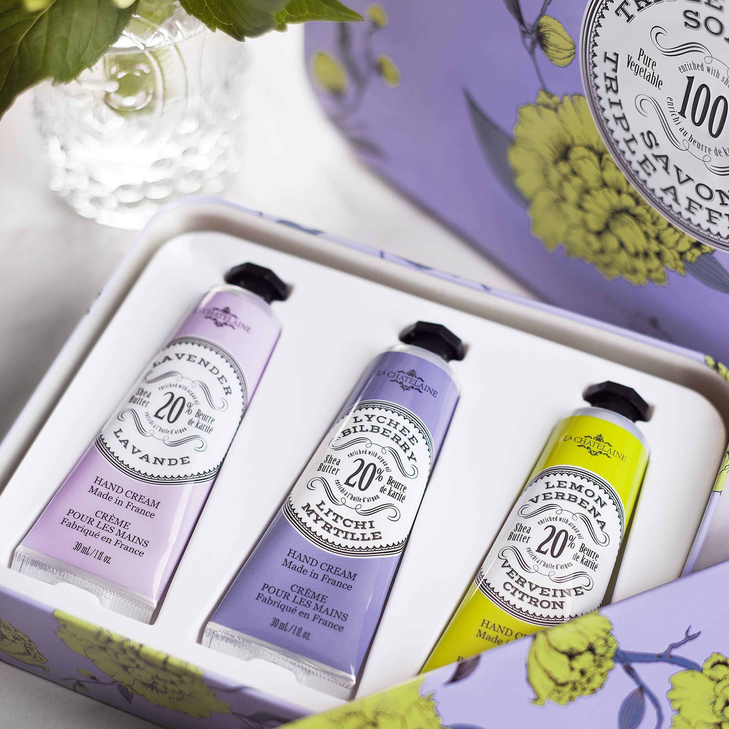 La Chatelaine La Chatelaine Hand Cream Trio Tin, Mothers Day Gift Set, Natural Hand Lotion, Made in France with 20% Organic Shea Butter, Nourishing (Lavender, Lychee Bilberry & Lemon Verbena) 3 x 1 fl oz