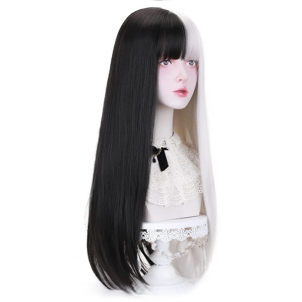 Styler Styler Half Black Half White Wig with Bangs, Long Straight Anime Cosplay Wig for Women, Heat Resistant Synthetic Halloween Hair Wigs