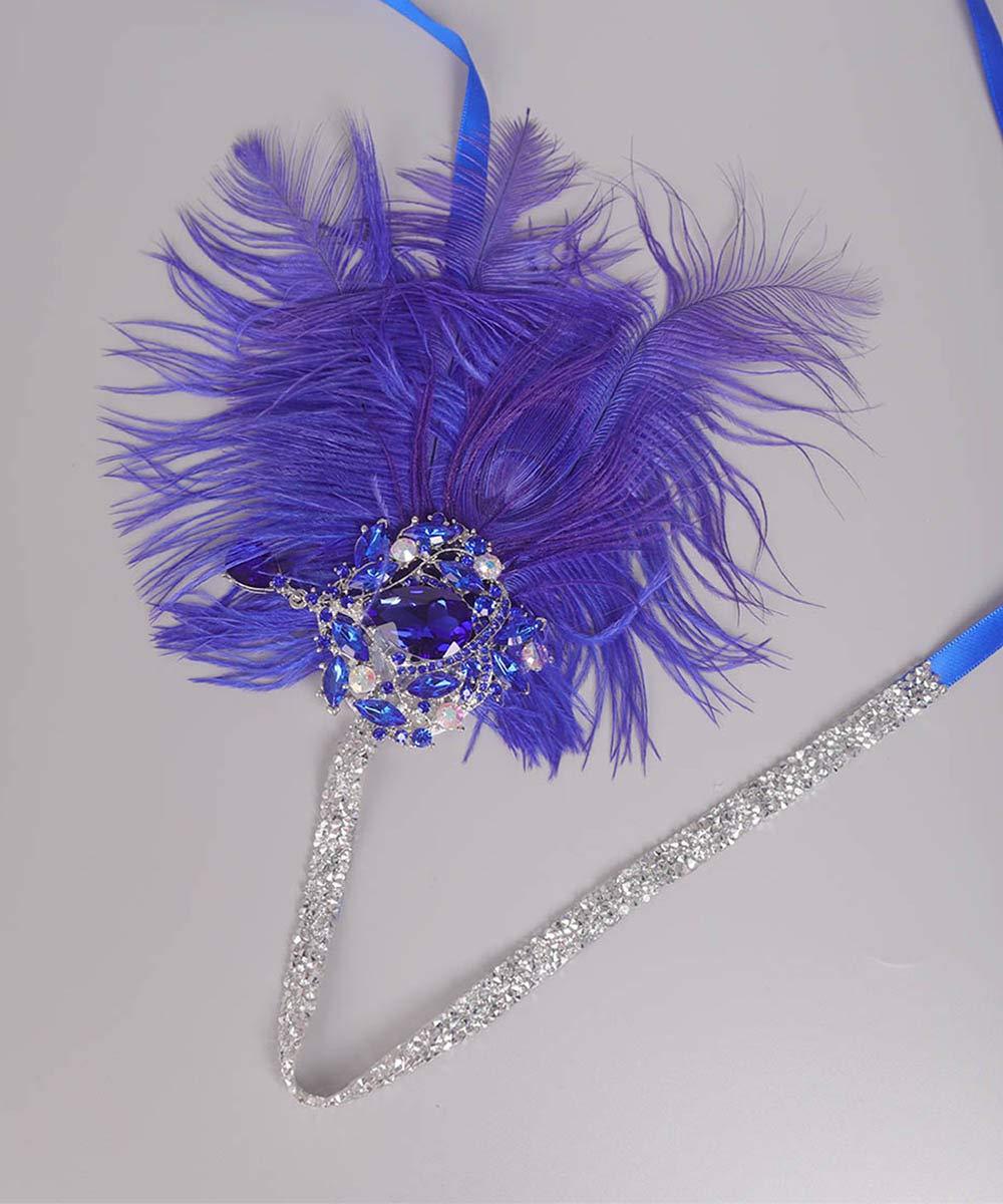 Aimimier Aimimier 1920s Flapper Feather Headband Royal Blue Sapphire Headpiece with Sparkling Crystal Head Chain Masquerade Hair Accessories for Women