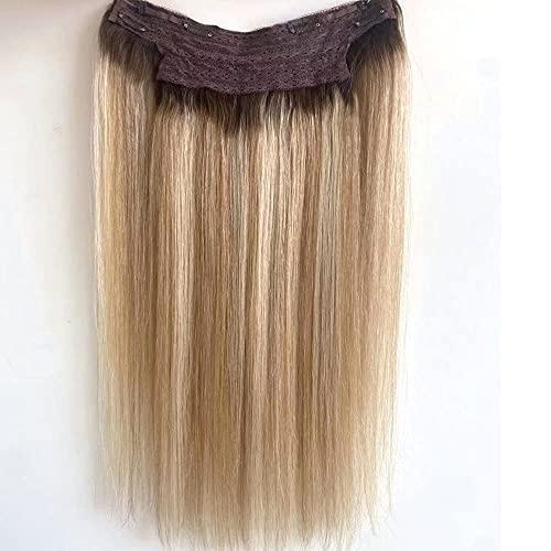 SUNFA Halos Hair Extensions, Fish Line Hair Extensions, Wire Extensions Human Hair,14Inch 70g Ombre Balayage Ash Brown to Dirty Blonde and and Platinum Blonde Highlights Straight Hairpiece Flip in Hair Extensions Clip in Extensions with Invisible Fish Line