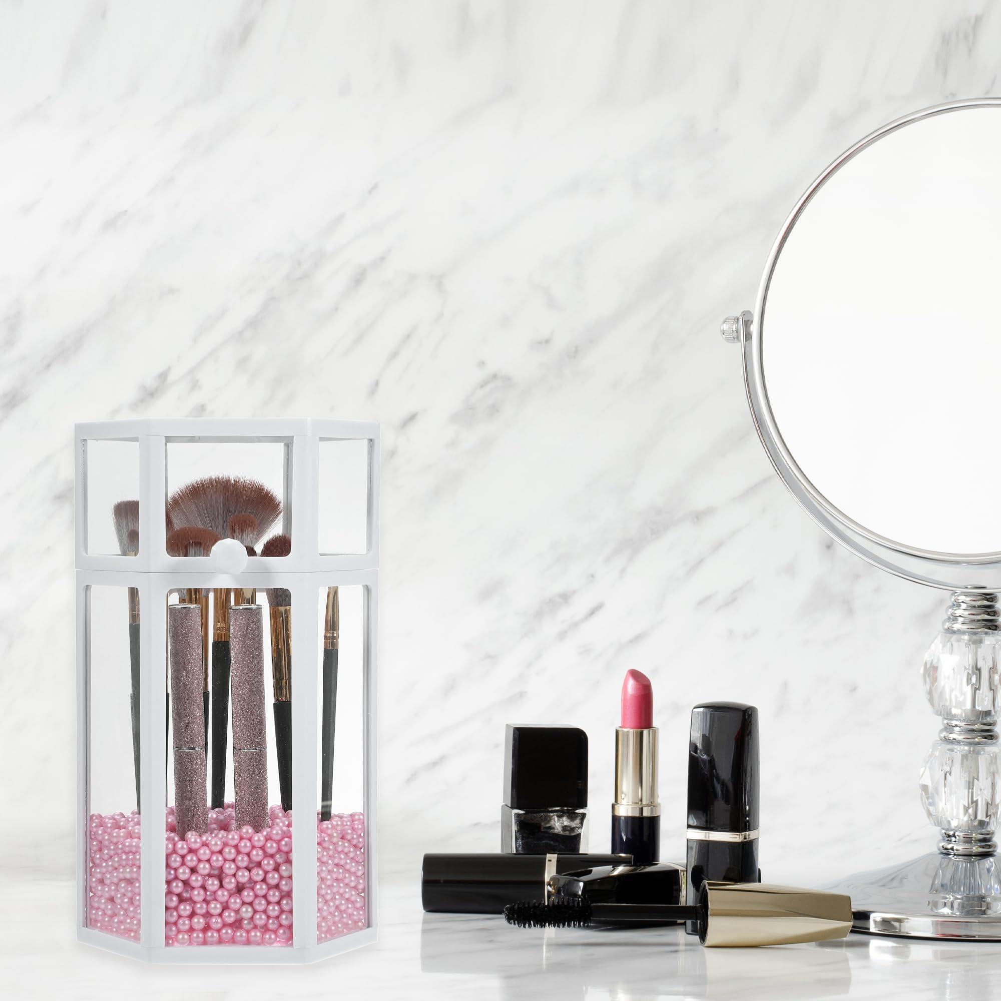 VOCOSTE VOCOSTE Clear Makeup Brush Holder, Dustproof Makeup Brush Storage Box with Lid, Glass Makeup Brush Holder for Vanity, Hexagon with Pink Faux Pearl, White